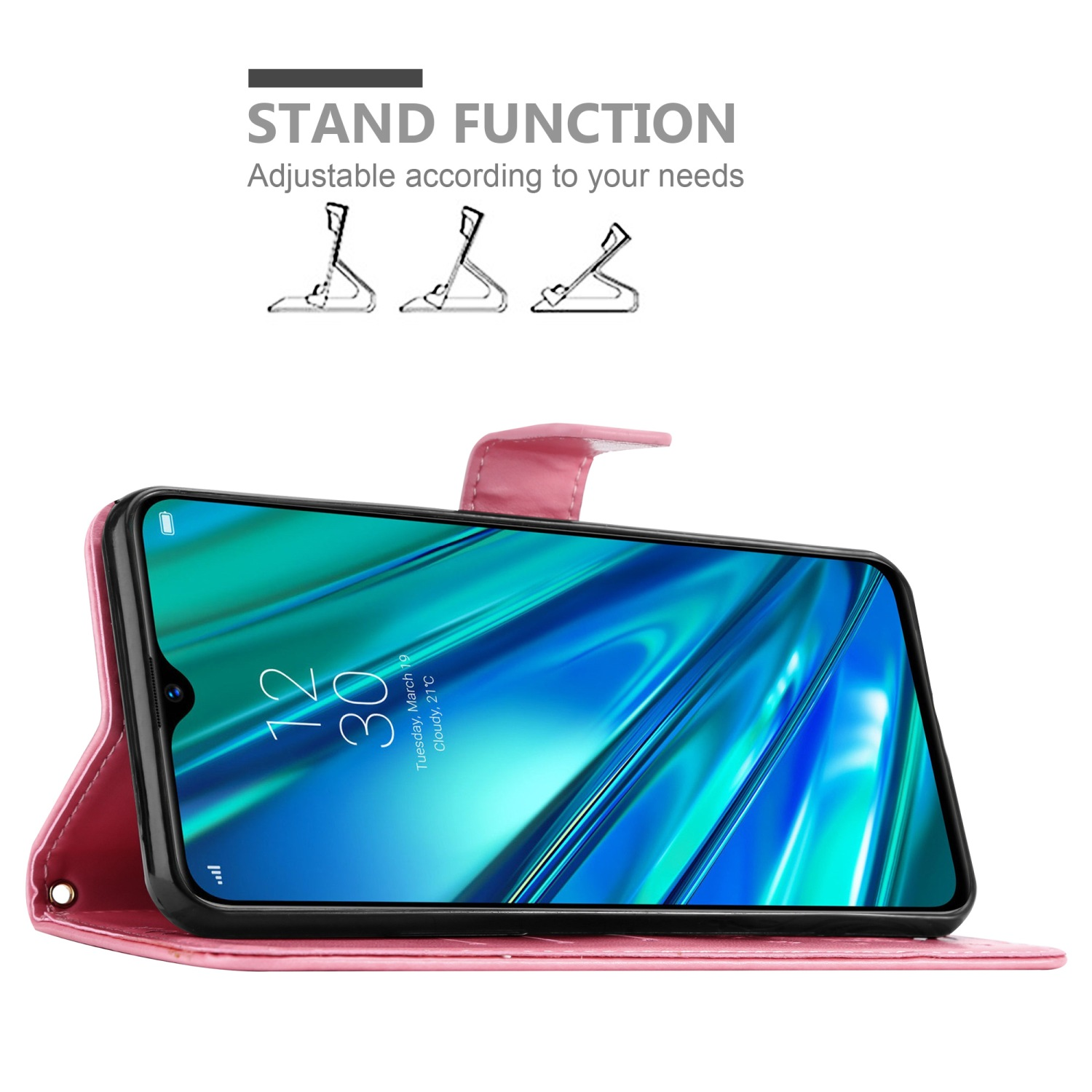 Custodia per telefono rosa, con un telefono all'interno e lo schermo che visualizza l'ora.