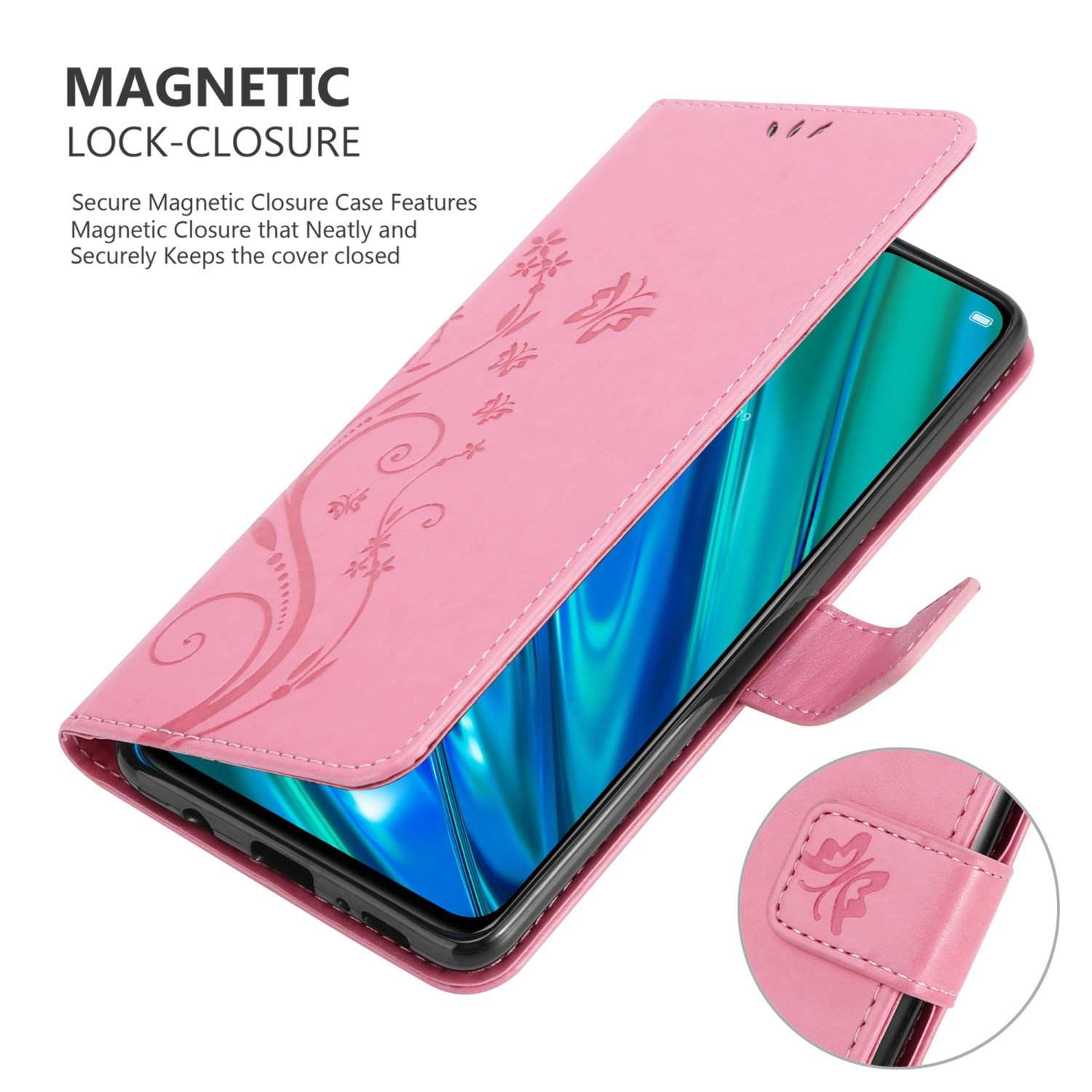 Custodia rosa per telefono con un telefono all'interno, aperta. Design floreale sulla custodia. Una piccola parte della custodia è chiusa.