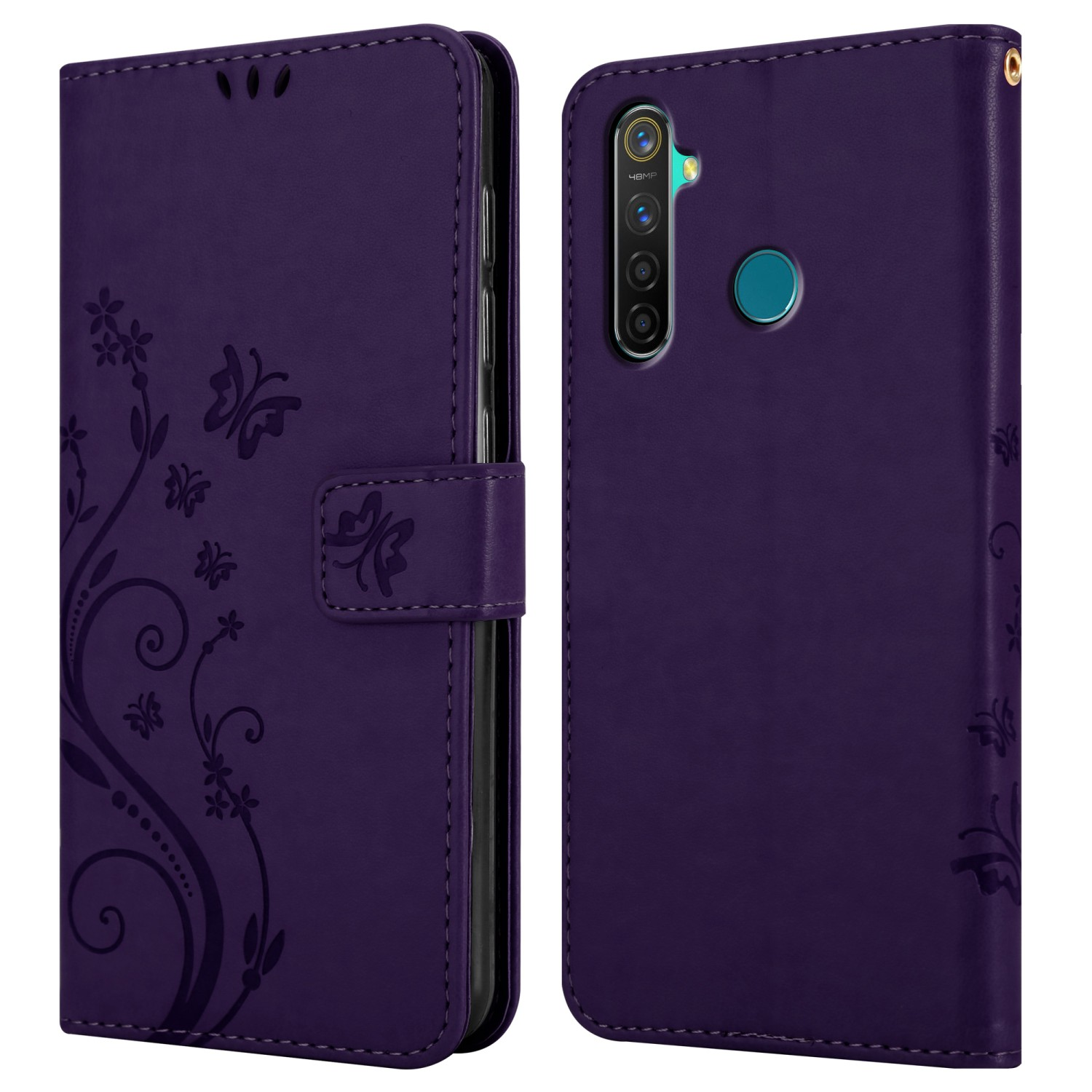 Custodia per telefono viola, con design floreale, aperta, che mostra il telefono. Su sfondo bianco.