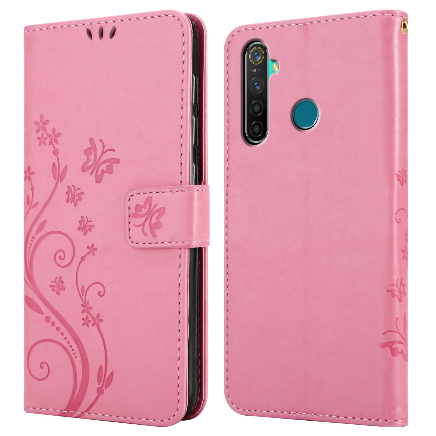 Custodia per telefono floreale rosa aperta, con un telefono all'interno. Viene mostrato anche il retro della custodia.