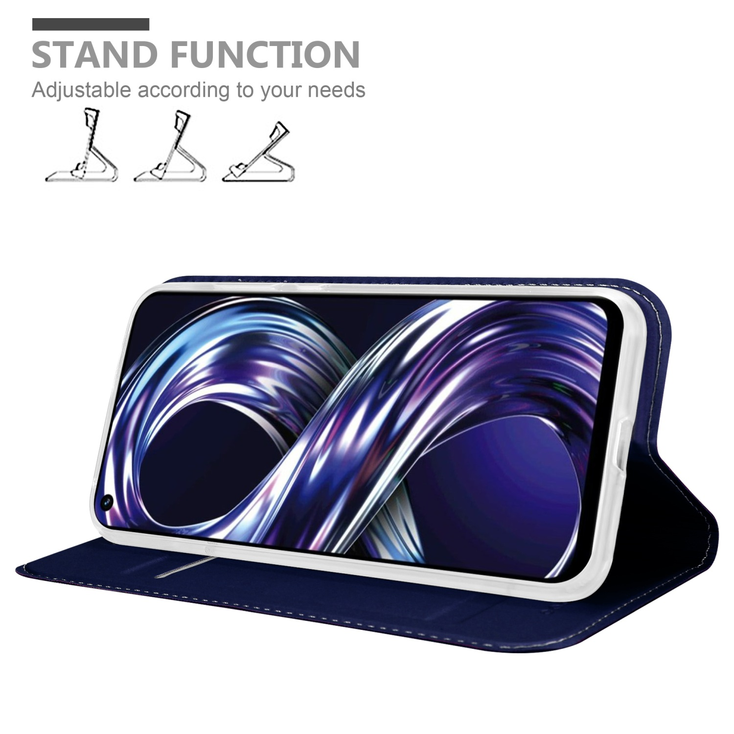 Un telefono in una custodia blu, con funzione stand. Lo schermo mostra un motivo blu e bianco.