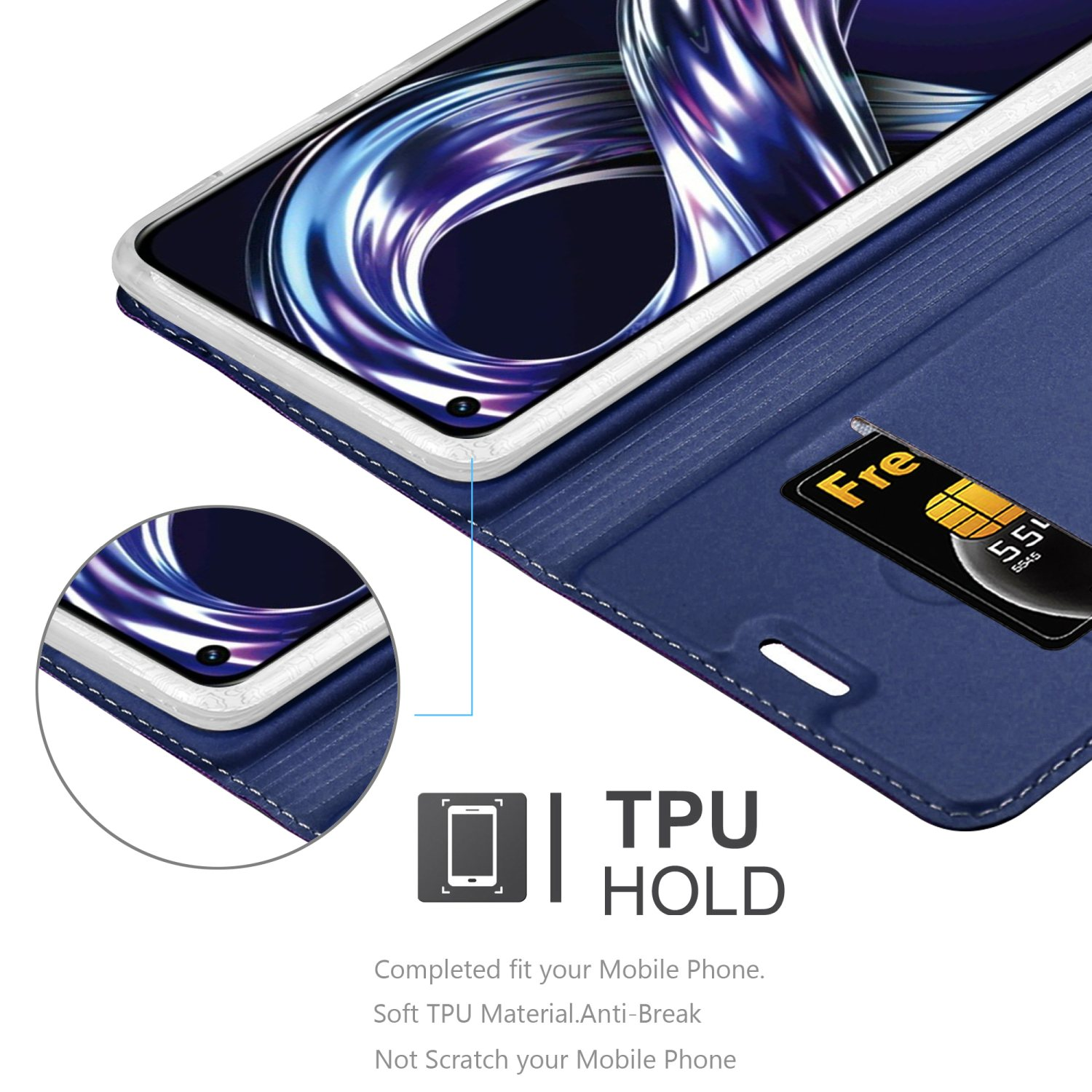 Una custodia blu con un telefono all'interno e una carta con testo viene visualizzata.