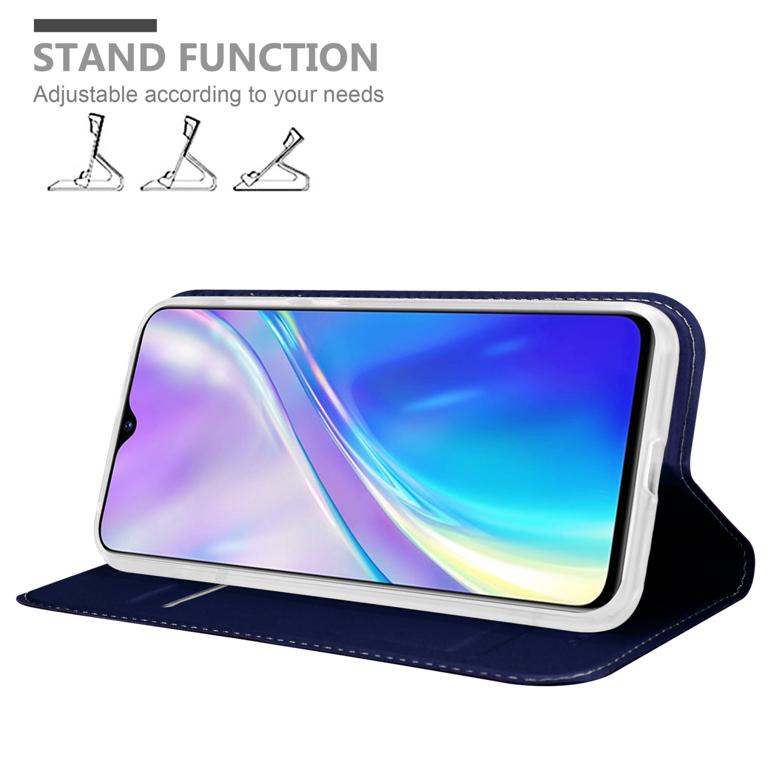Telefono in una custodia, con funzione stand mostrata. Supporto regolabile con schermo a motivi.