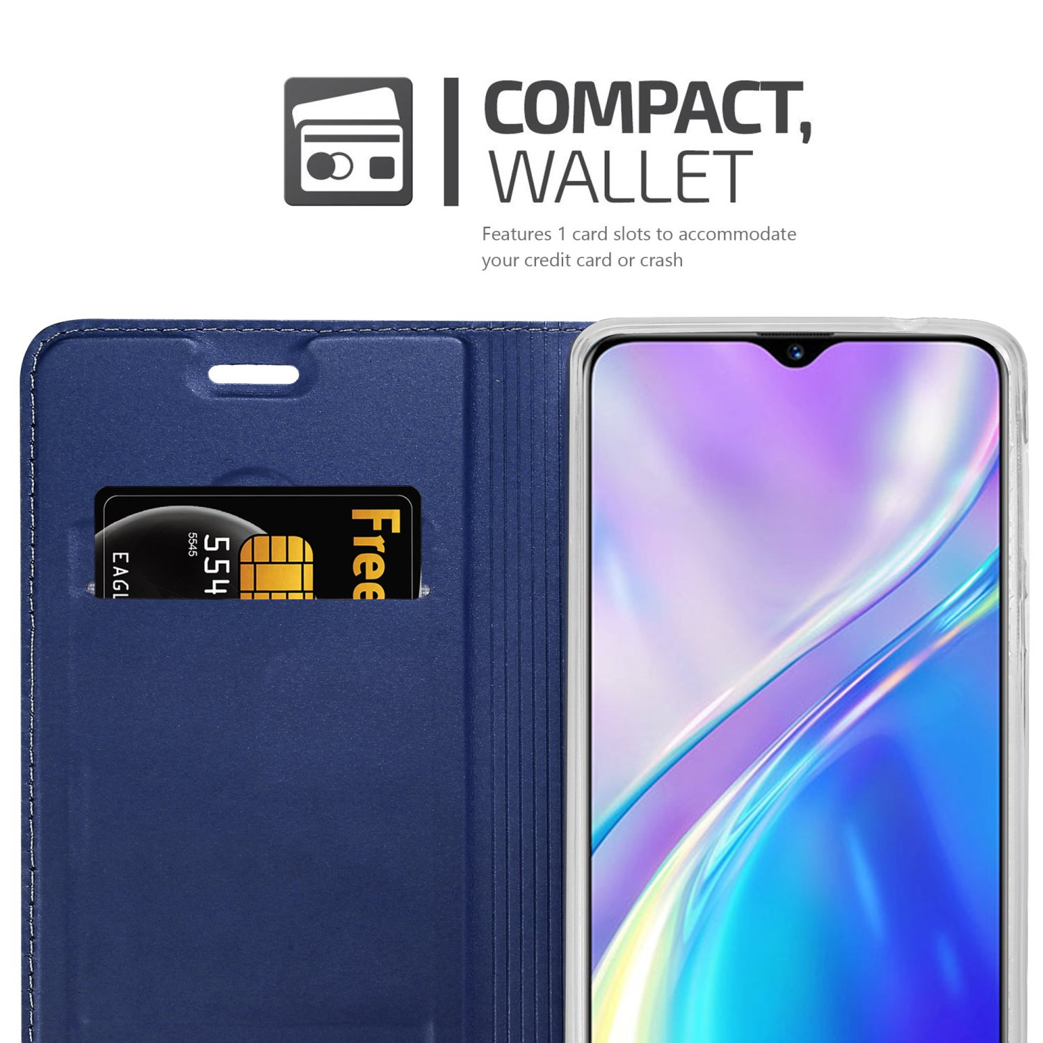 Primo piano di custodia blu. Aperta, con fessura per carte e carta. Sfondo bianco.