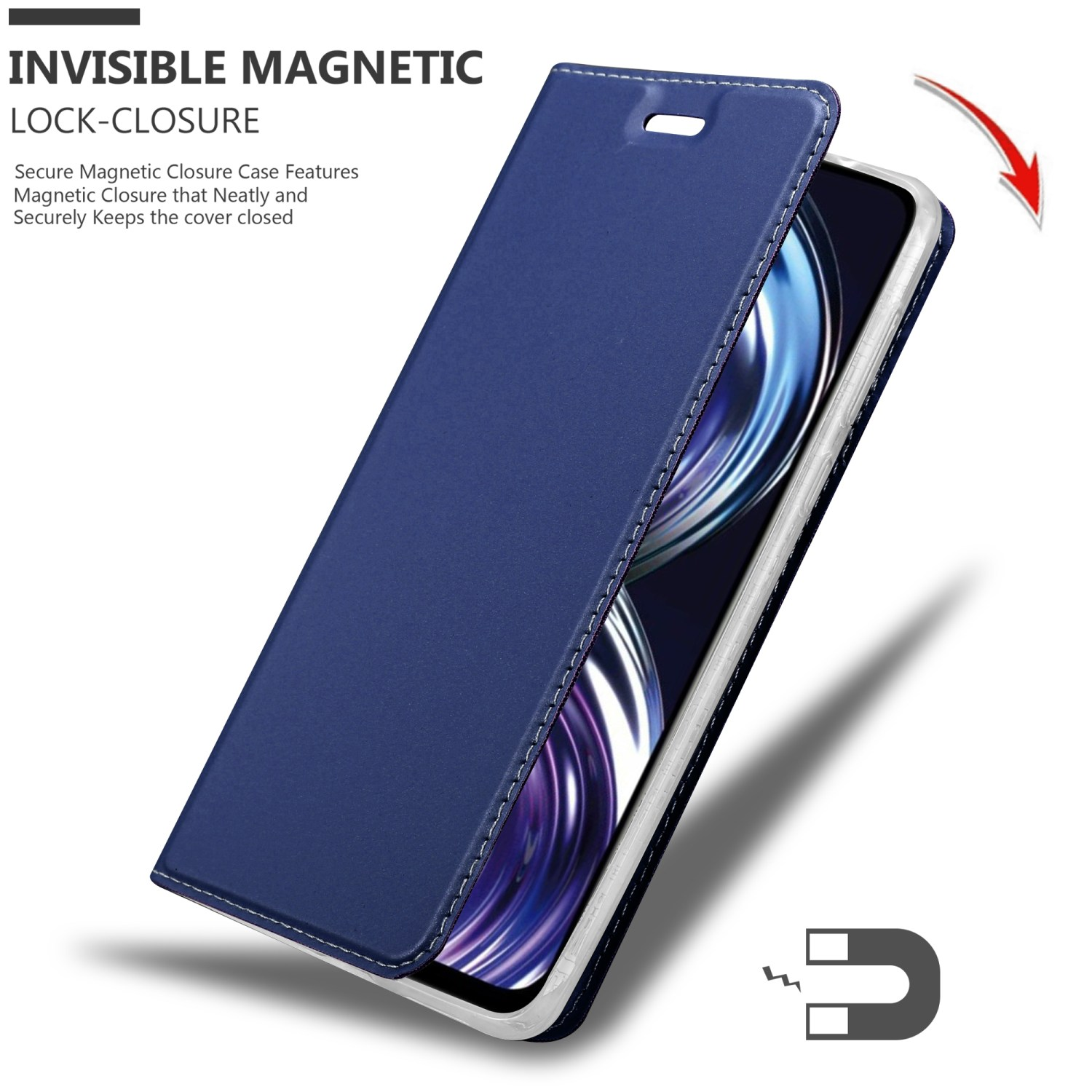 Custodia blu aperta, mostra lo schermo. Chiusura magnetica invisibile evidenziata.