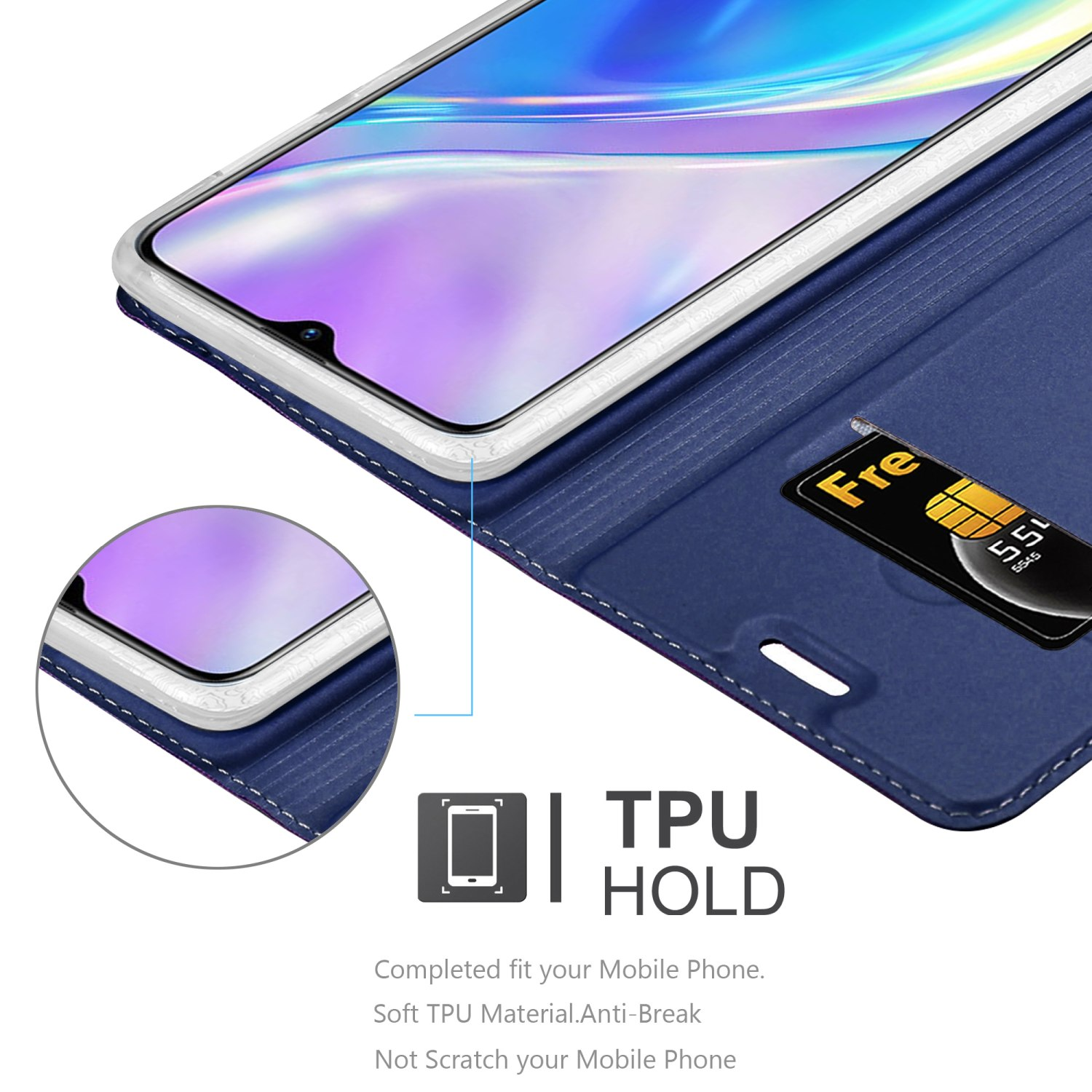 Primo piano di custodia blu con telefono. Scheda SIM visibile. Testo: 'TPU HOLD'.
