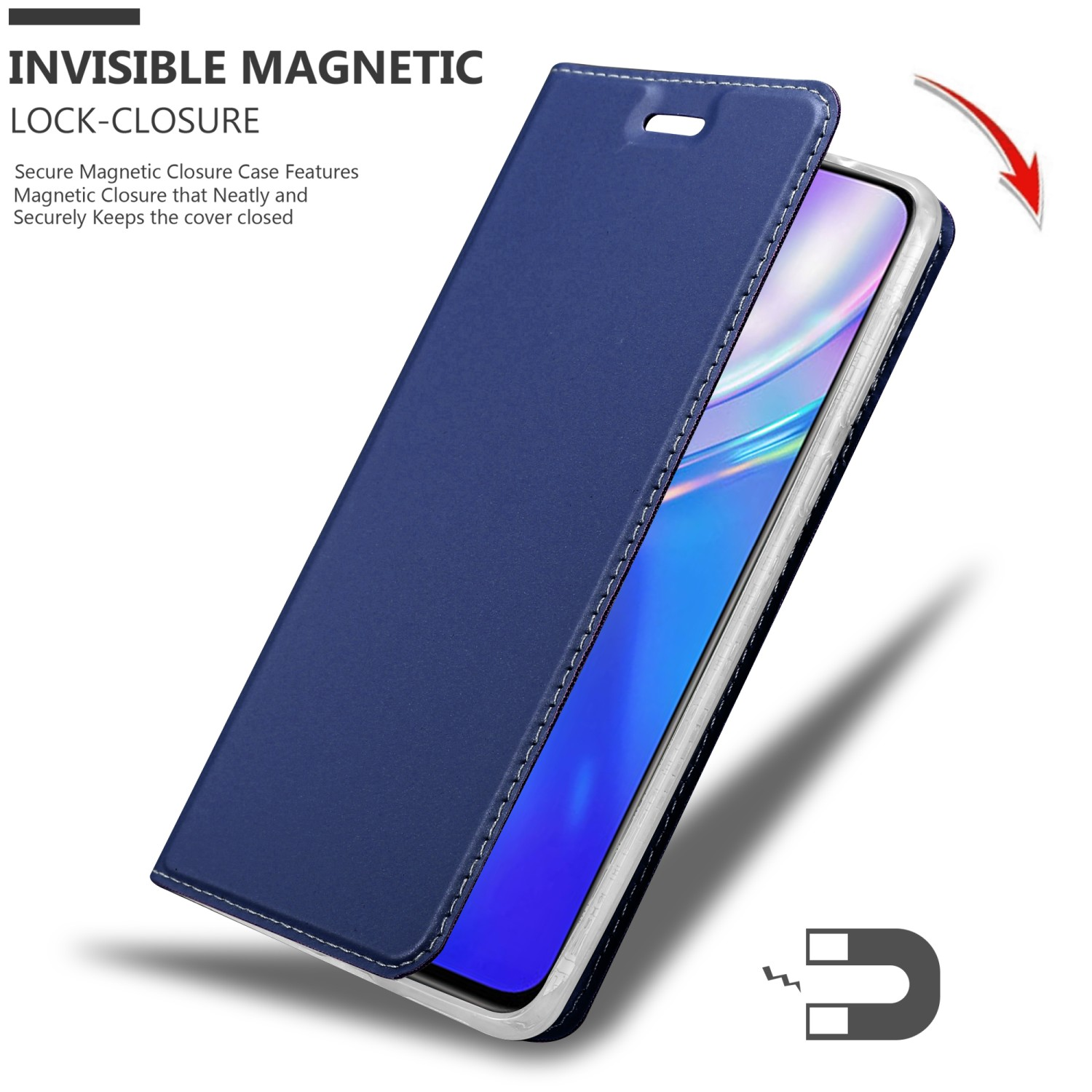 Custodia blu per telefono aperta con telefono dentro, simbolo del magnete. Testo 'Invisible Magnetic'.