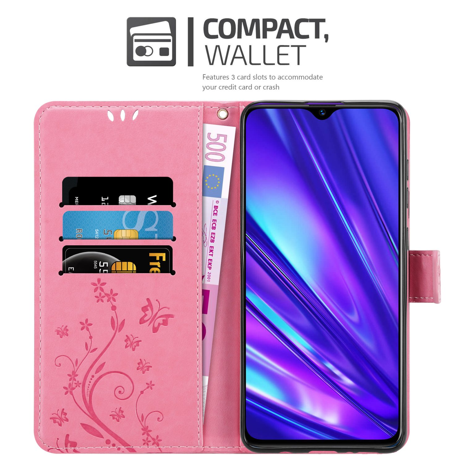 Custodia a portafoglio rosa con telefono. Tre slot per carte e una banconota da 500 euro. Design floreale rosa.