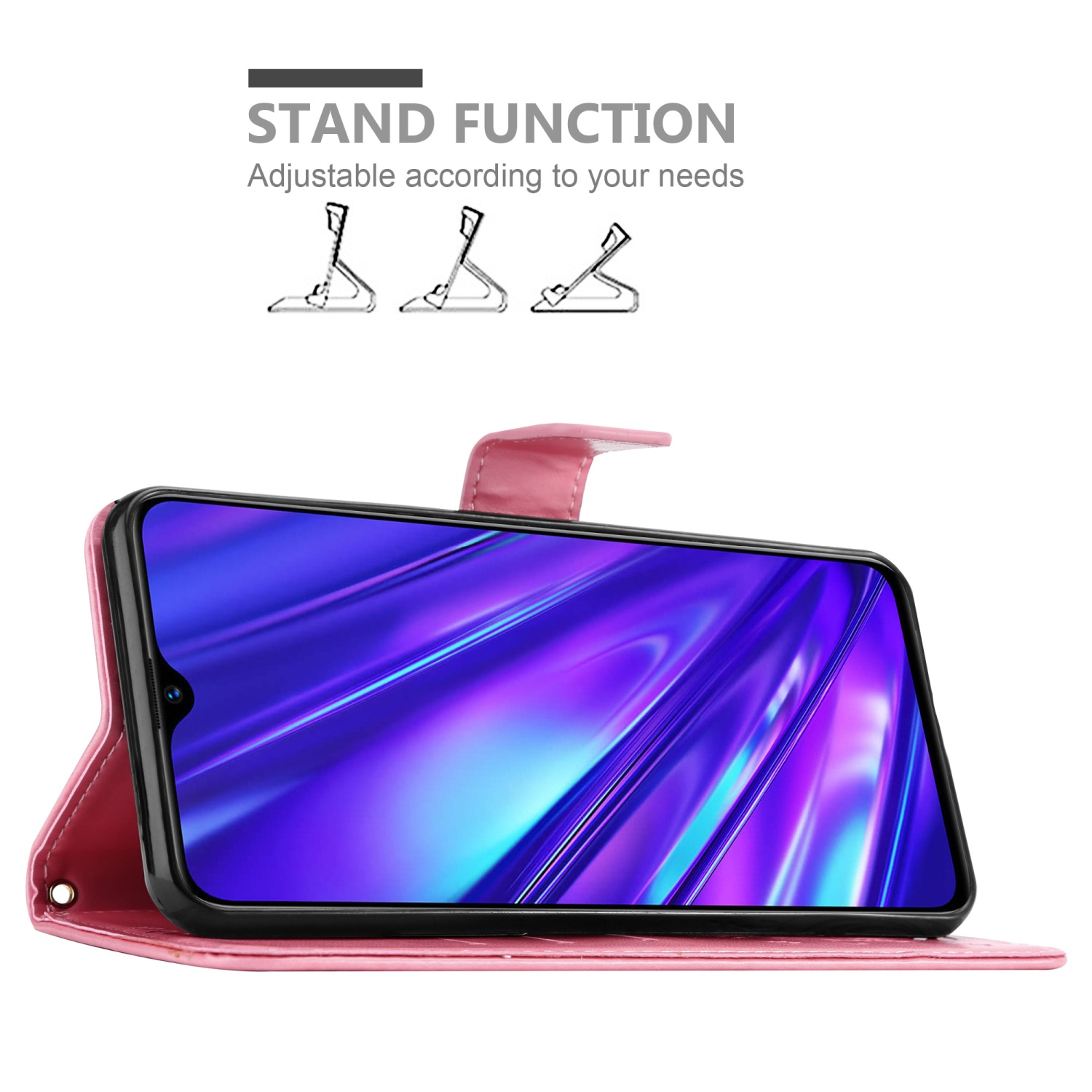 Una custodia per telefono è aperta, mostrando un telefono con uno schermo che mostra un'immagine blu. È mostrata la funzione di supporto.