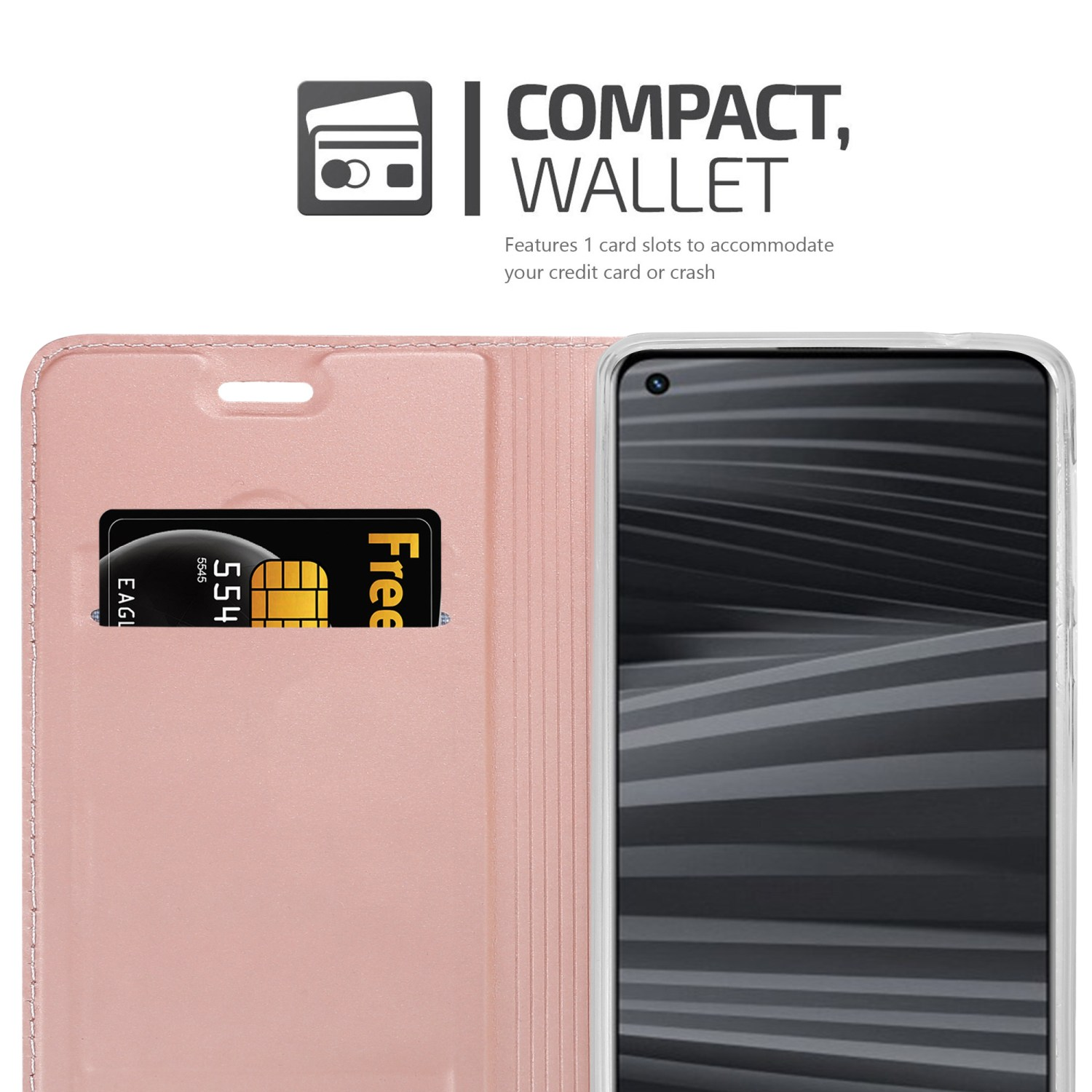 Una custodia a portafoglio rosa con un telefono nero all'interno e una carta di credito nera in uno slot.