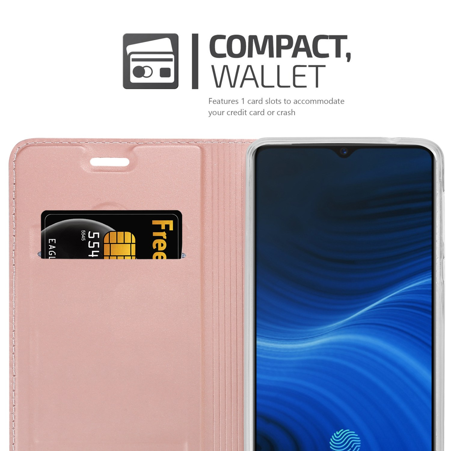 Custodia per telefono rosa con fessura per carte. Il telefono è nella custodia. Testo: Portafoglio compatto. La carta è nella fessura.