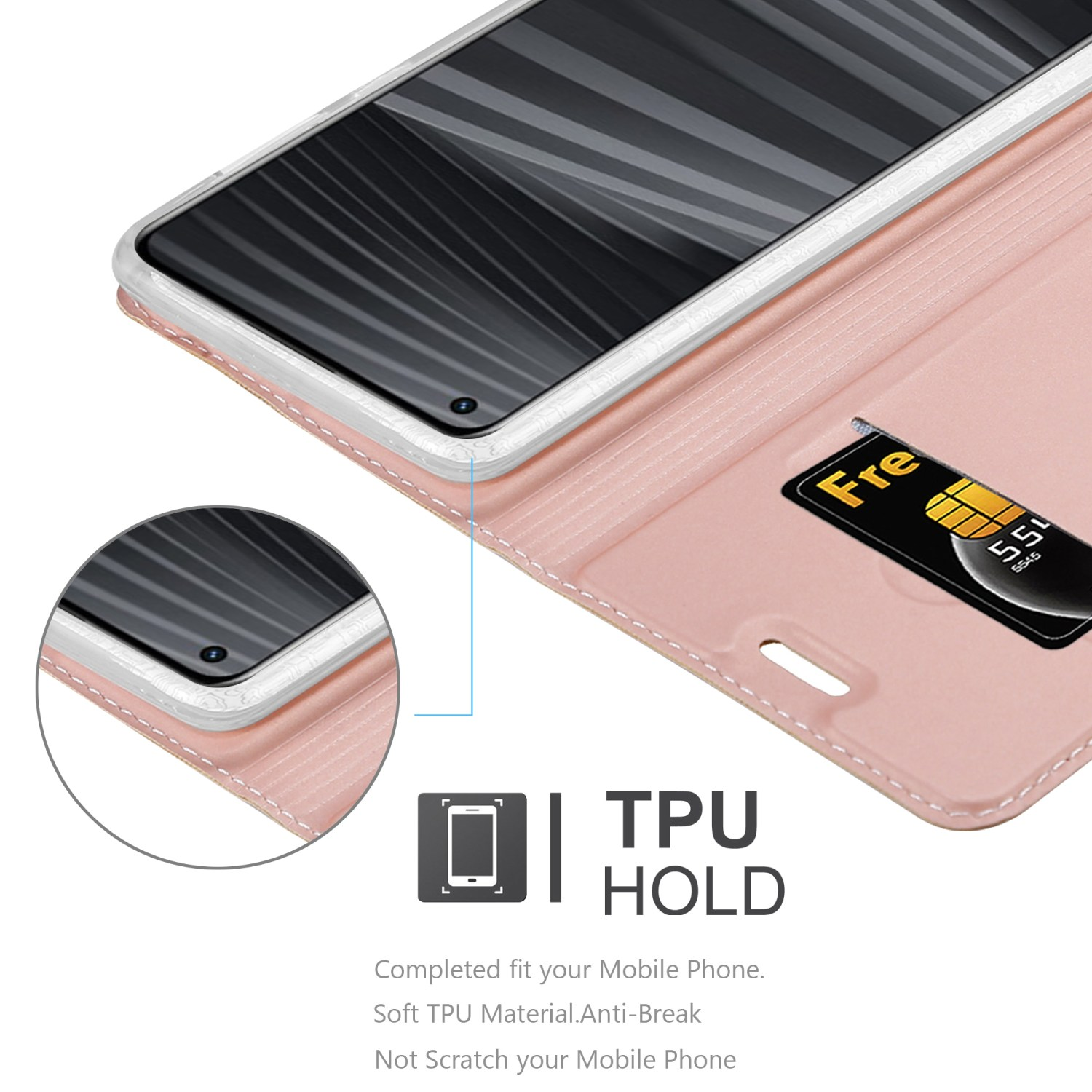 Una custodia per telefono rosa è aperta, mostrando un telefono e una carta. La custodia ha un'area.