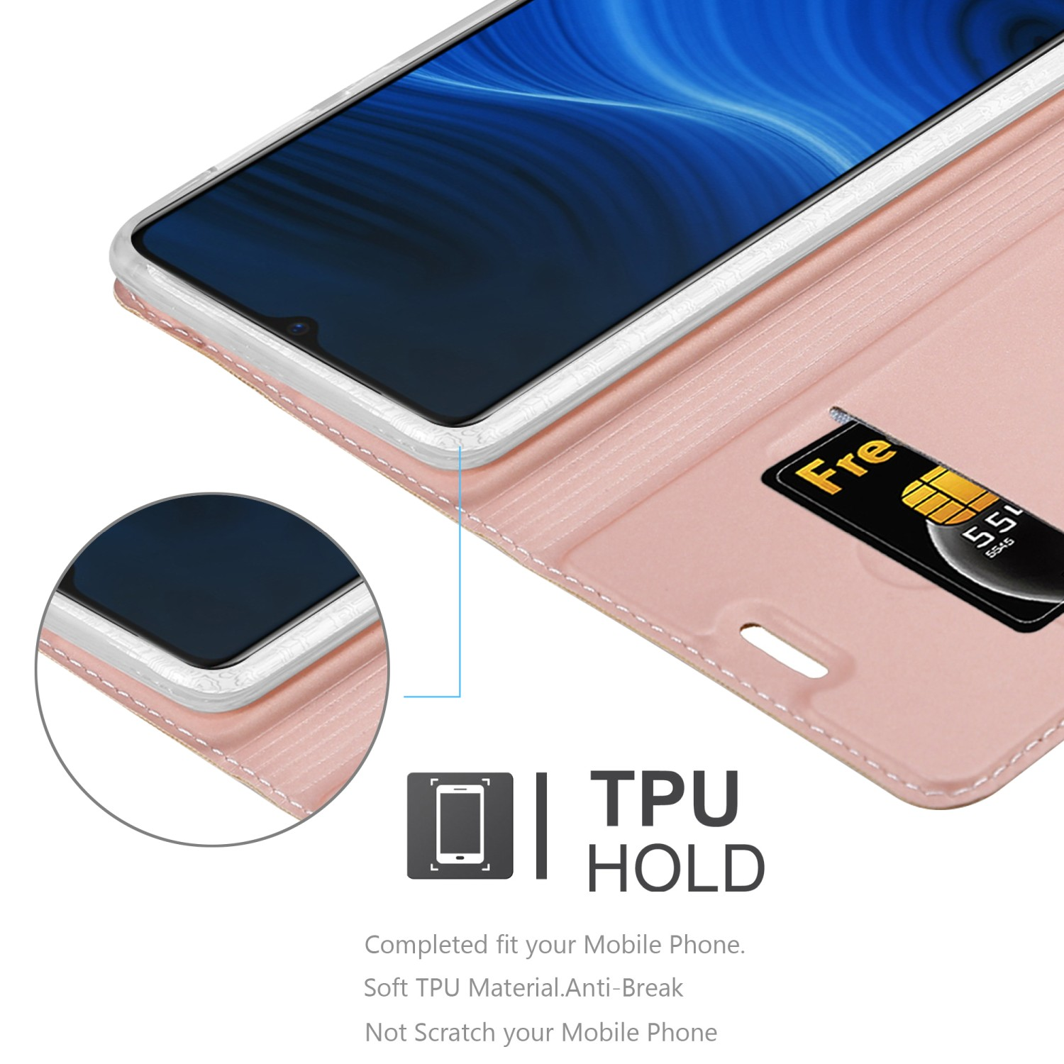 Un telefono in una custodia rosa con una SIM, dettaglio del supporto in TPU.