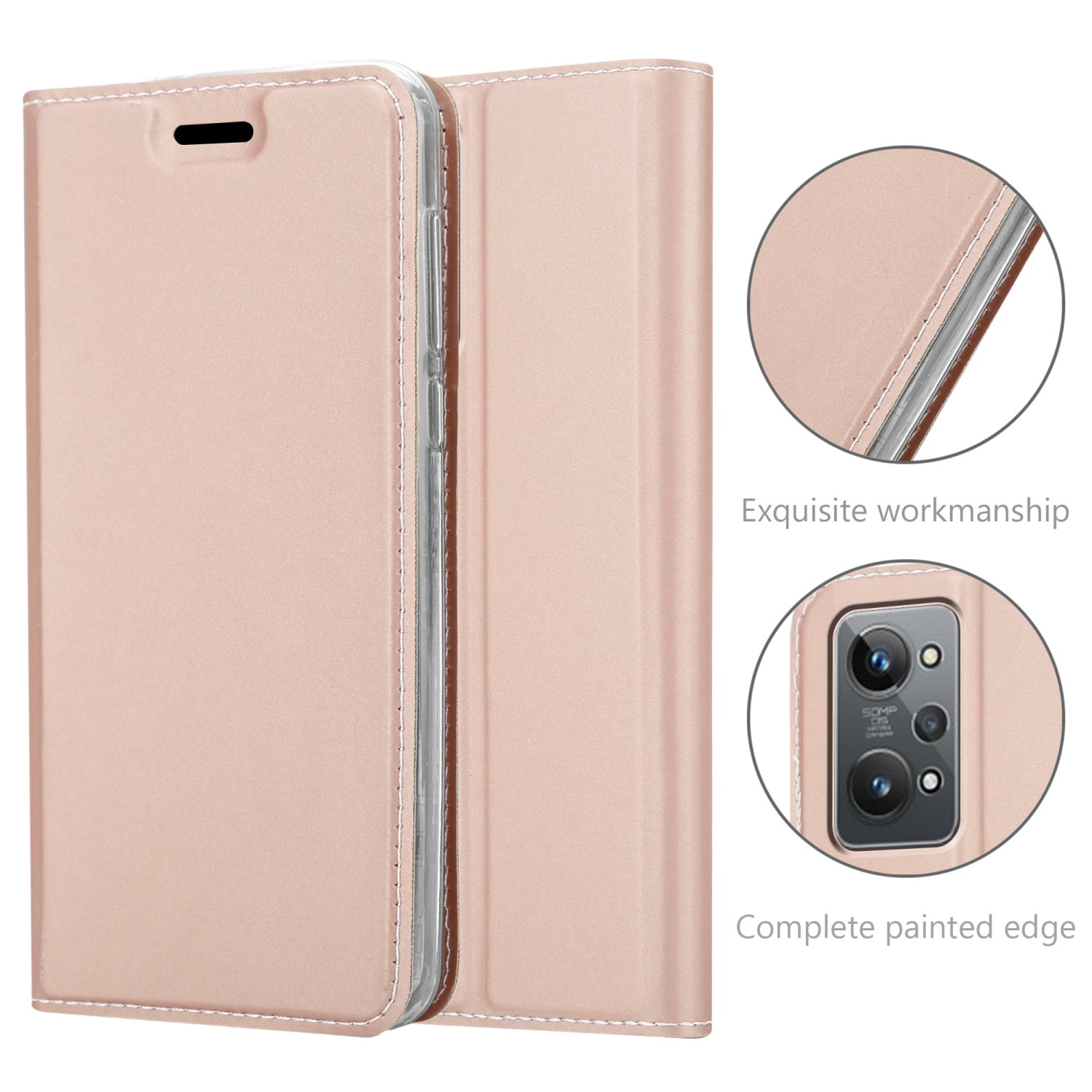 Custodia rosa per telefono con cuciture bianche. Dettagli mostrano bordo e fotocamera con scritta.