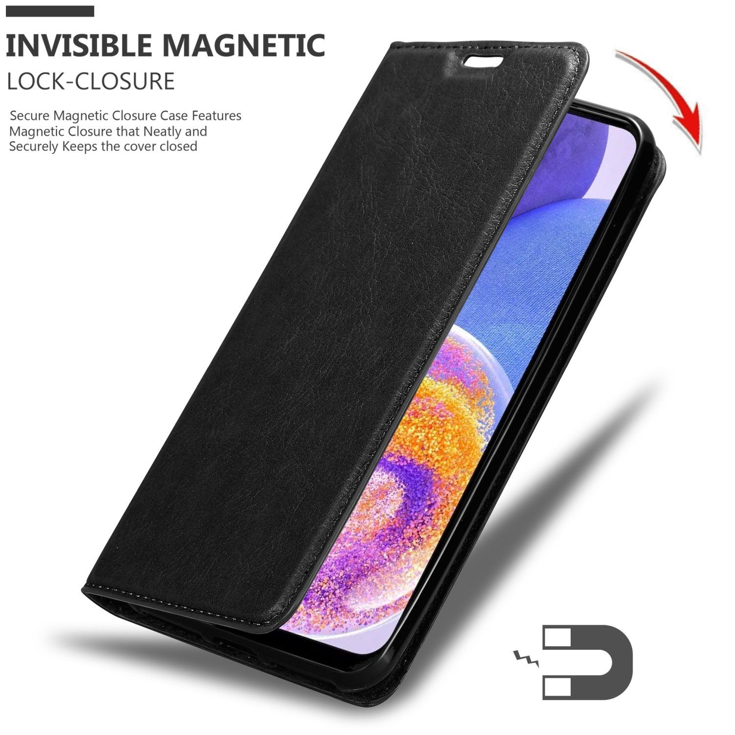 Una custodia nera per telefono è aperta. Lo schermo del telefono è visibile. Testo: Chiusura magnetica invisibile.