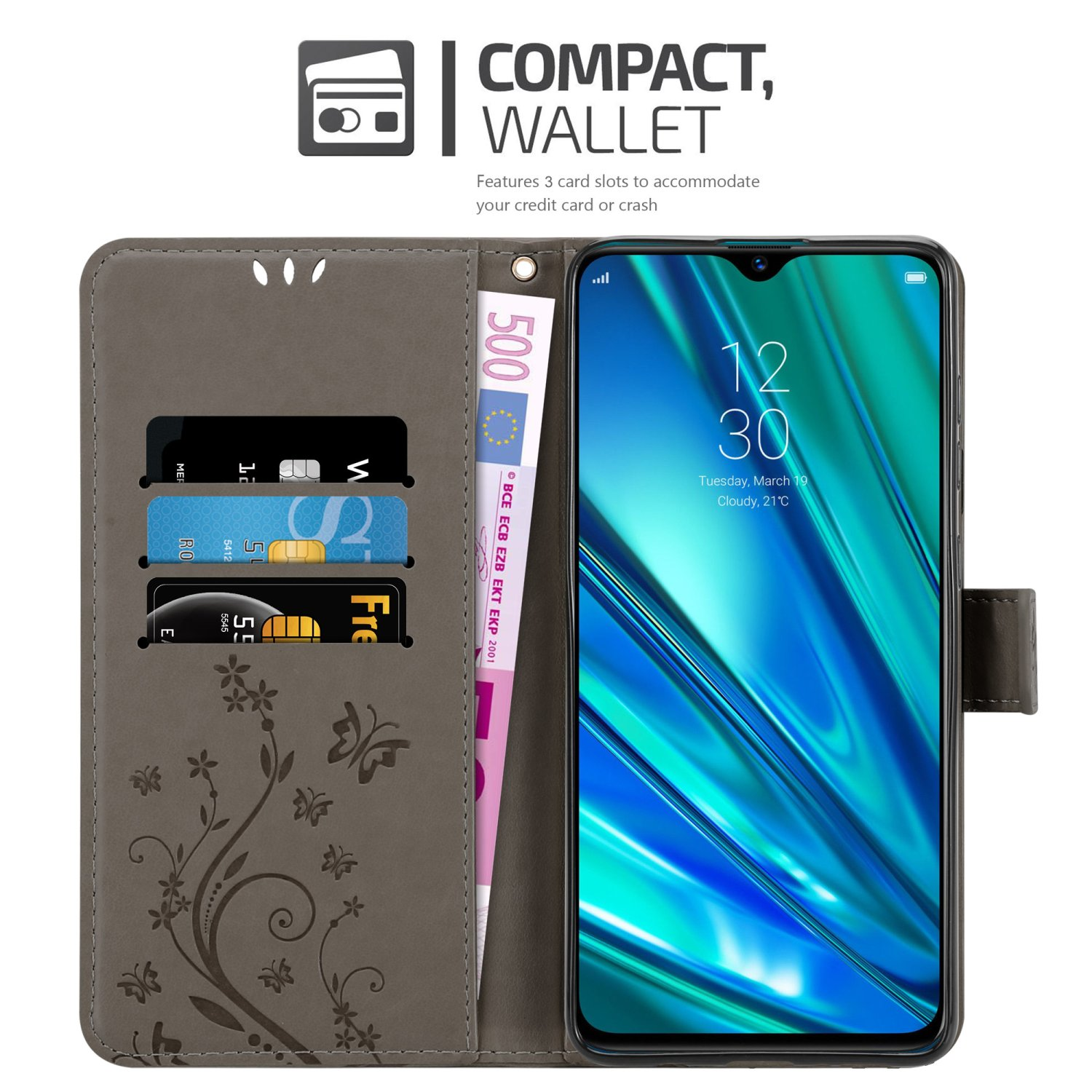 Custodia per telefono aperta con carte e denaro, un telefono sul lato destro, con un design a farfalla.