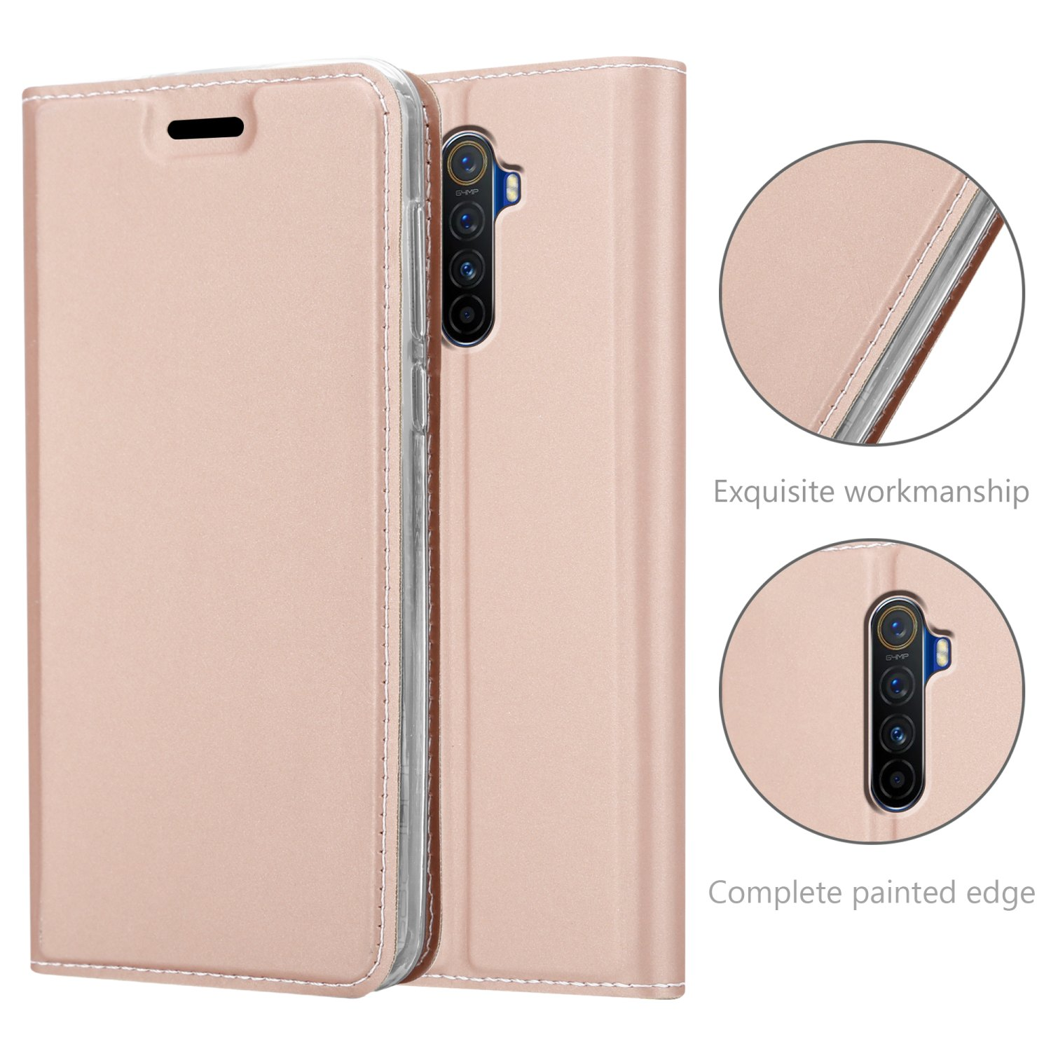 Custodia per telefono oro rosa, chiusa e aperta, con cuciture bianche e dettagli fotocamera.