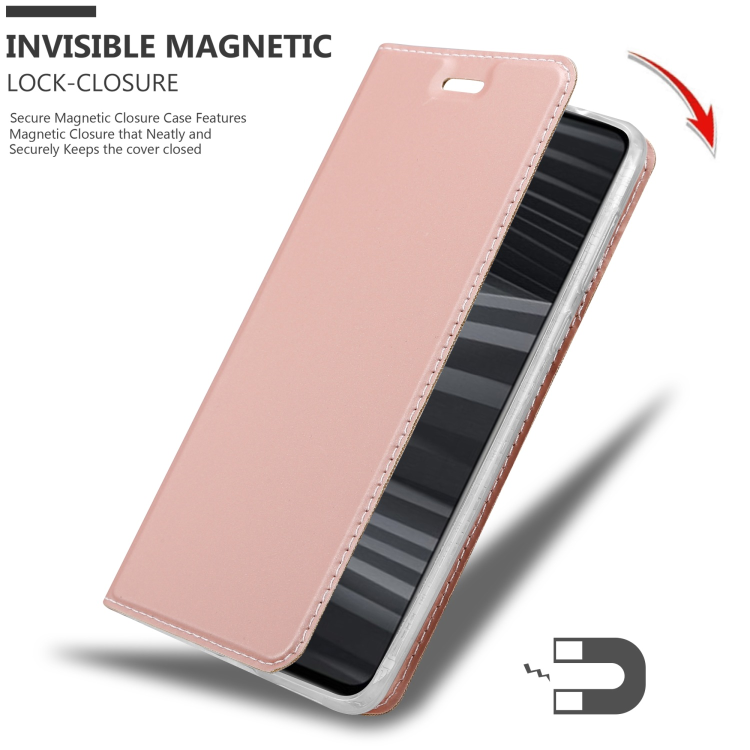 Custodia per telefono rosa, che mostra una chiusura magnetica. Una freccia mostra la chiusura della custodia.