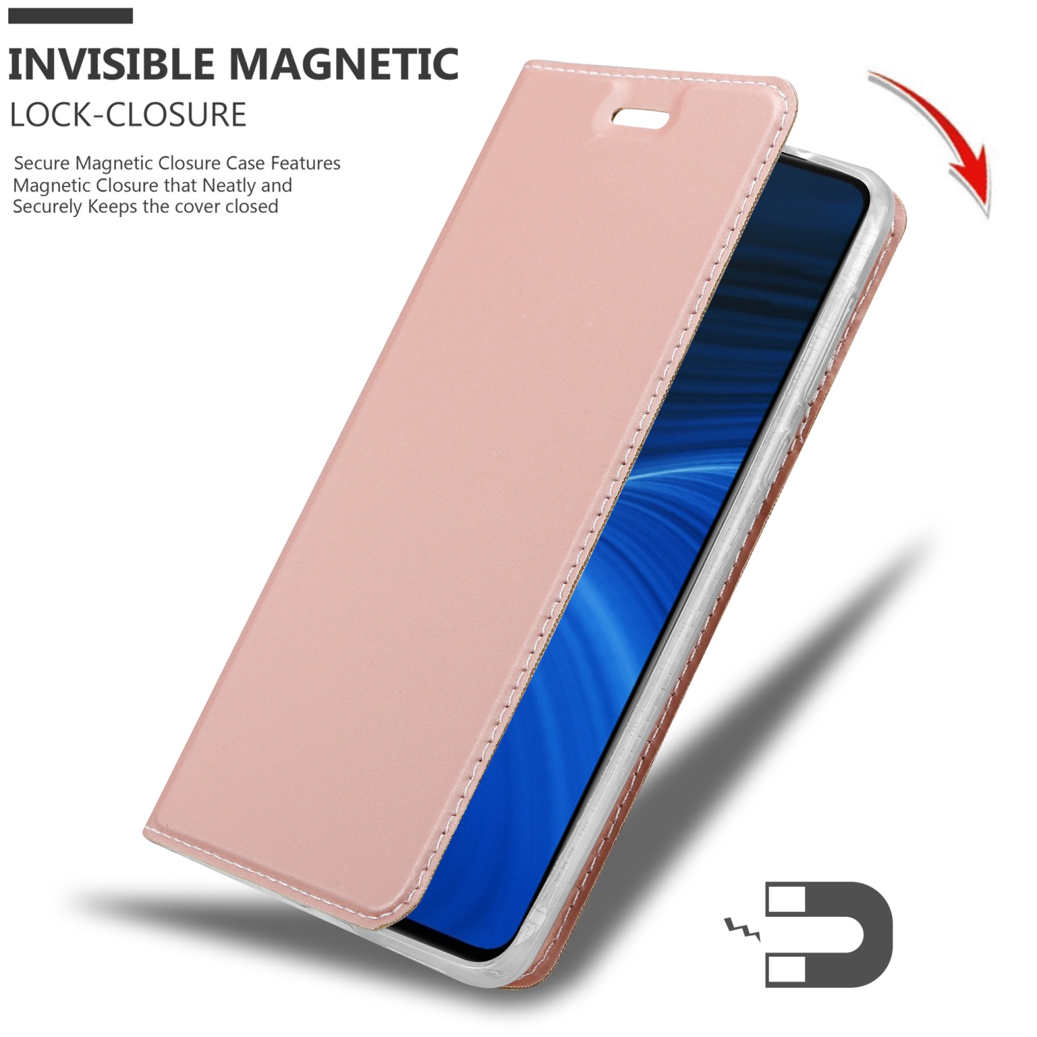 Custodia rosa, aperta, mostra telefono. Chiusura magnetica. Freccia indica la direzione.