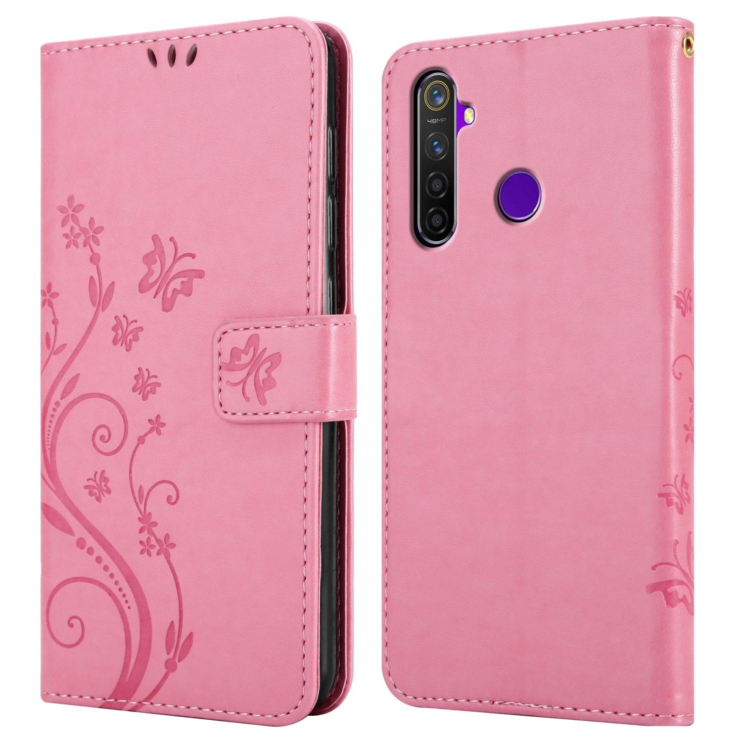 Una custodia per telefono rosa con motivo floreale è chiusa. Mostra la fotocamera e i pulsanti del telefono.