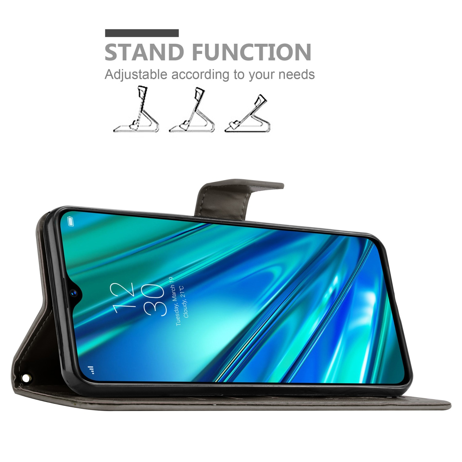 Custodia nera per telefono aperta, telefono dentro, schermo con ora. Testo 'Stand Function'.