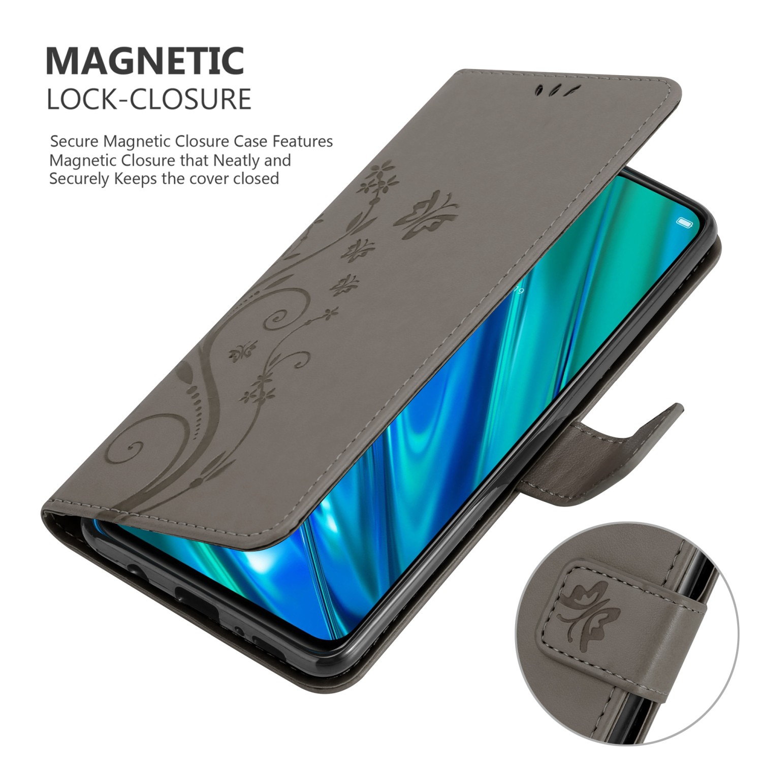 Custodia per telefono, aperta. Testo: Chiusura magnetica. Chiusura magnetica sicura. Design floreale.