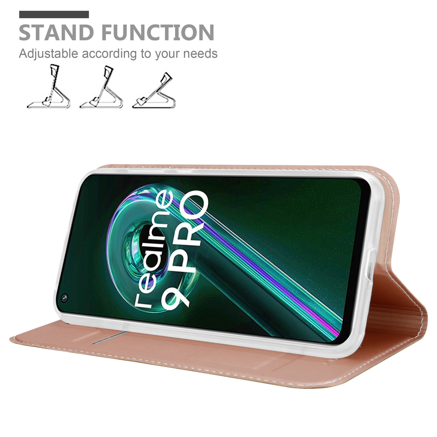 Telefono in una custodia rosa, appoggiato per la visualizzazione. Testo: Funzione supporto, con icone di supporto.