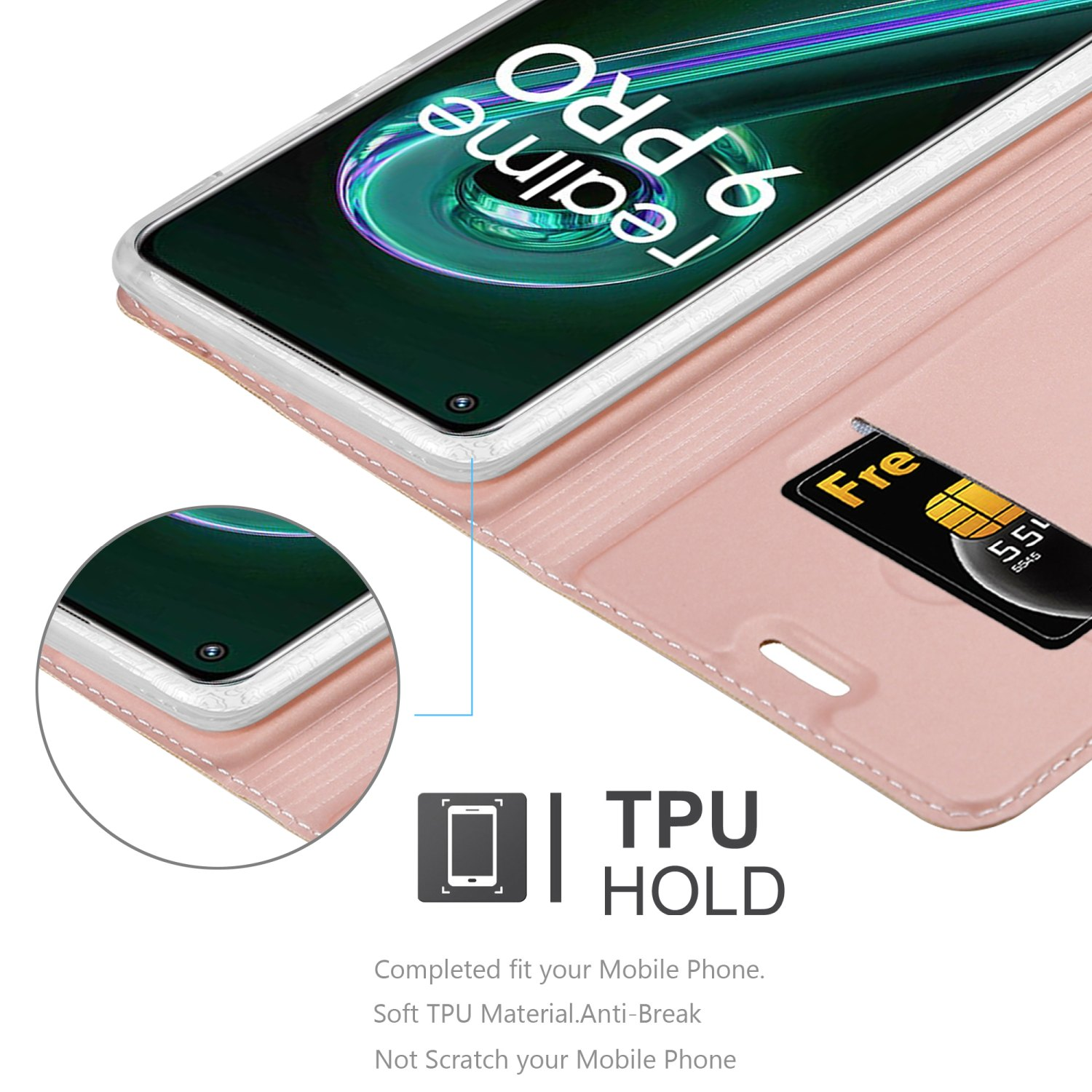 Telefono in custodia a portafoglio rosa. Il testo recita "TPU Hold". Il telefono ha una custodia rosa con una carta oro in uno slot.