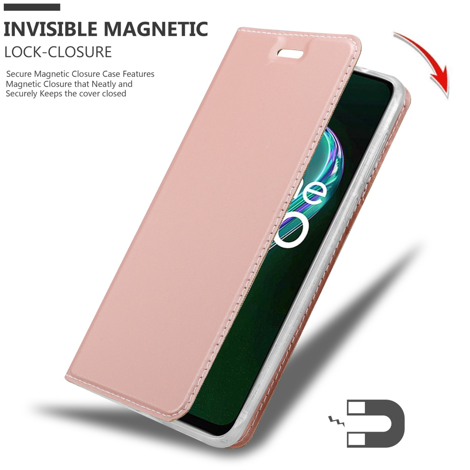 Custodia per telefono rosa con coperchio aperto, telefono visibile. Chiusura magnetica. Dettagli del prodotto in alto a sinistra.