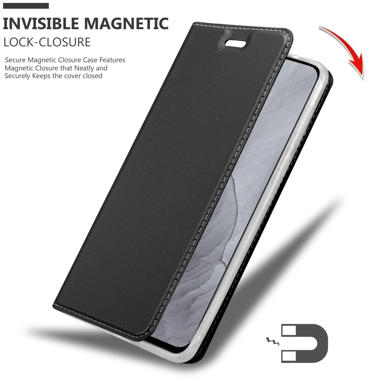 Custodia per telefono nera con chiusura magnetica. Il telefono è mostrato all'interno. Chiuso.