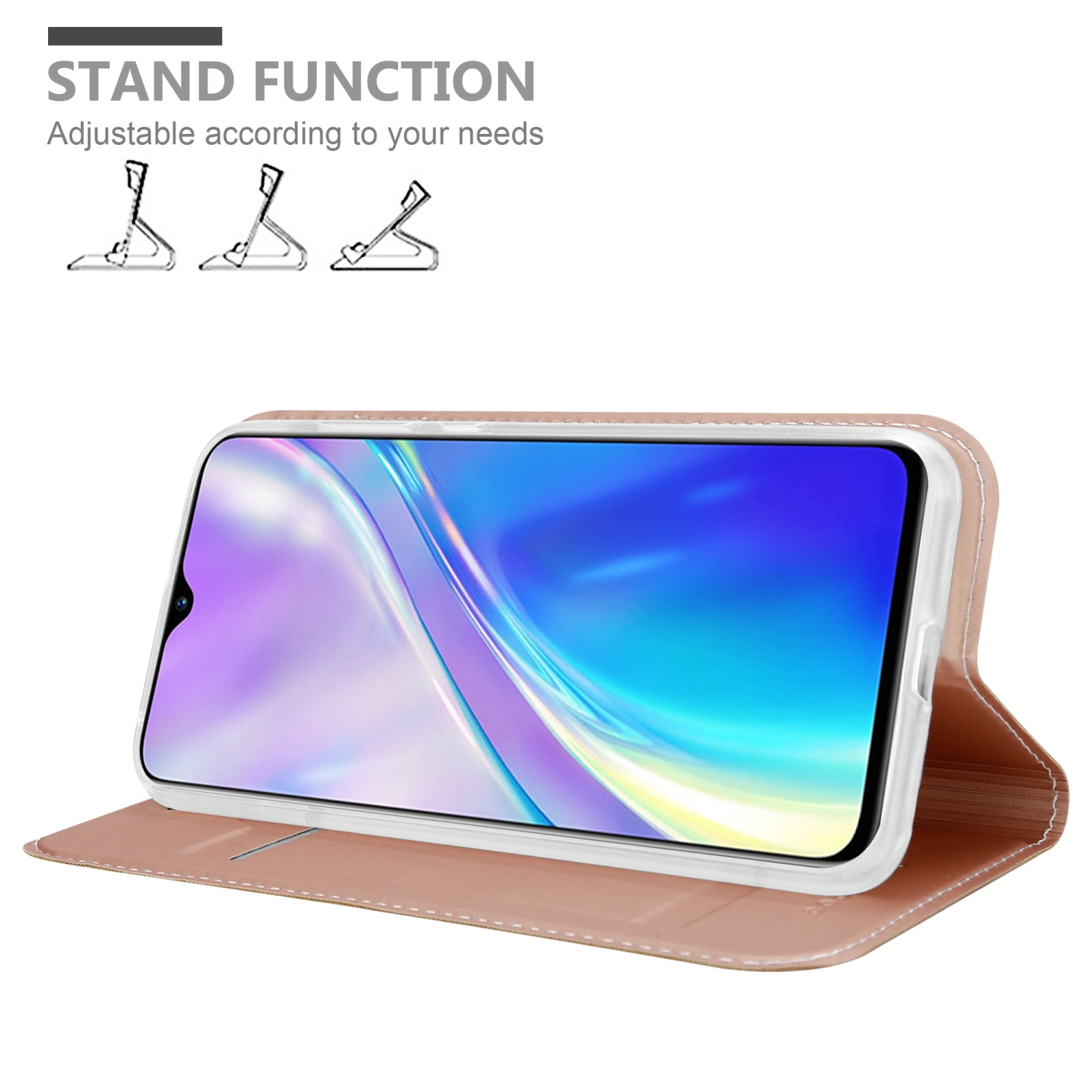 Un telefono in una custodia, configurato come supporto. Il telefono mostra un'immagine astratta colorata.