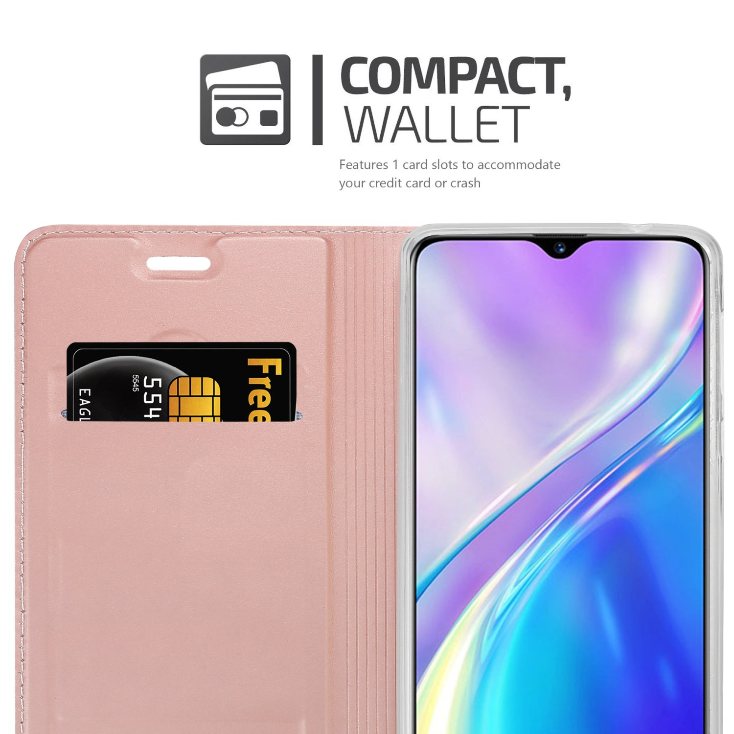Custodia per telefono rosa con slot per carte e carta di credito, presenta una carta gratuita e un telefono.