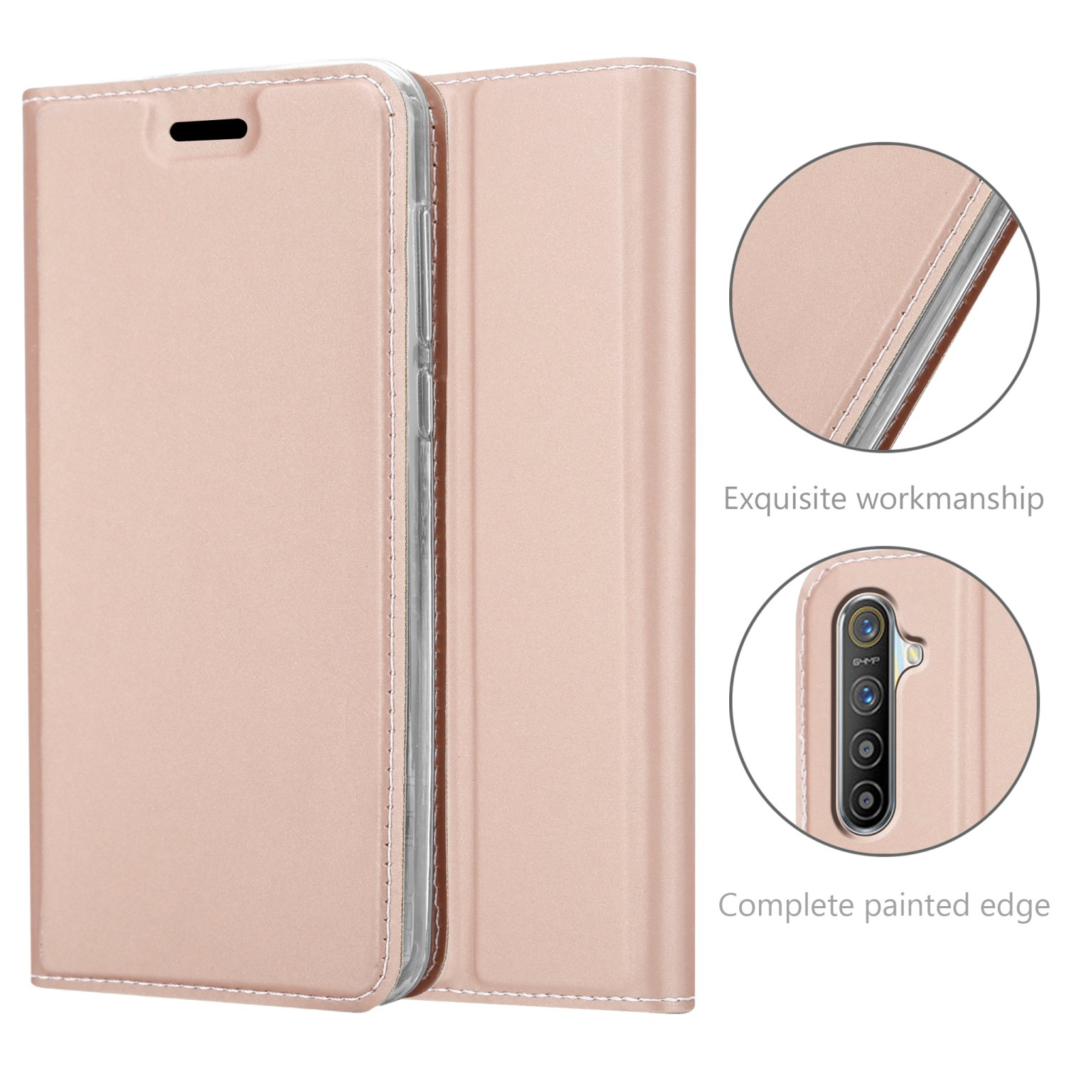 Custodia per telefono color oro rosa aperta. Mostra il retro con fotocamera. Lavorazione squisita e bordo verniciato completo.