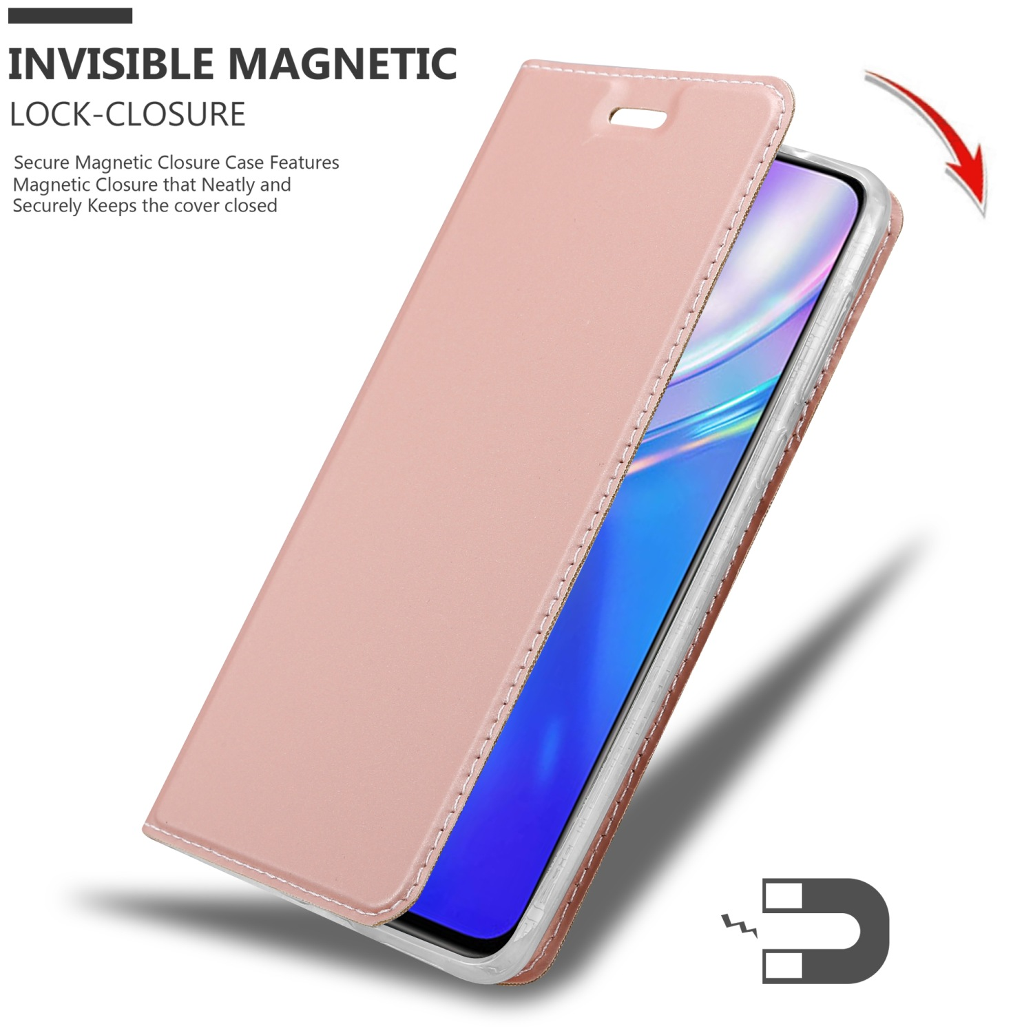 Una custodia per telefono rosa, aperta per rivelare un telefono. La custodia è su una superficie bianca, con un simbolo di magnete.