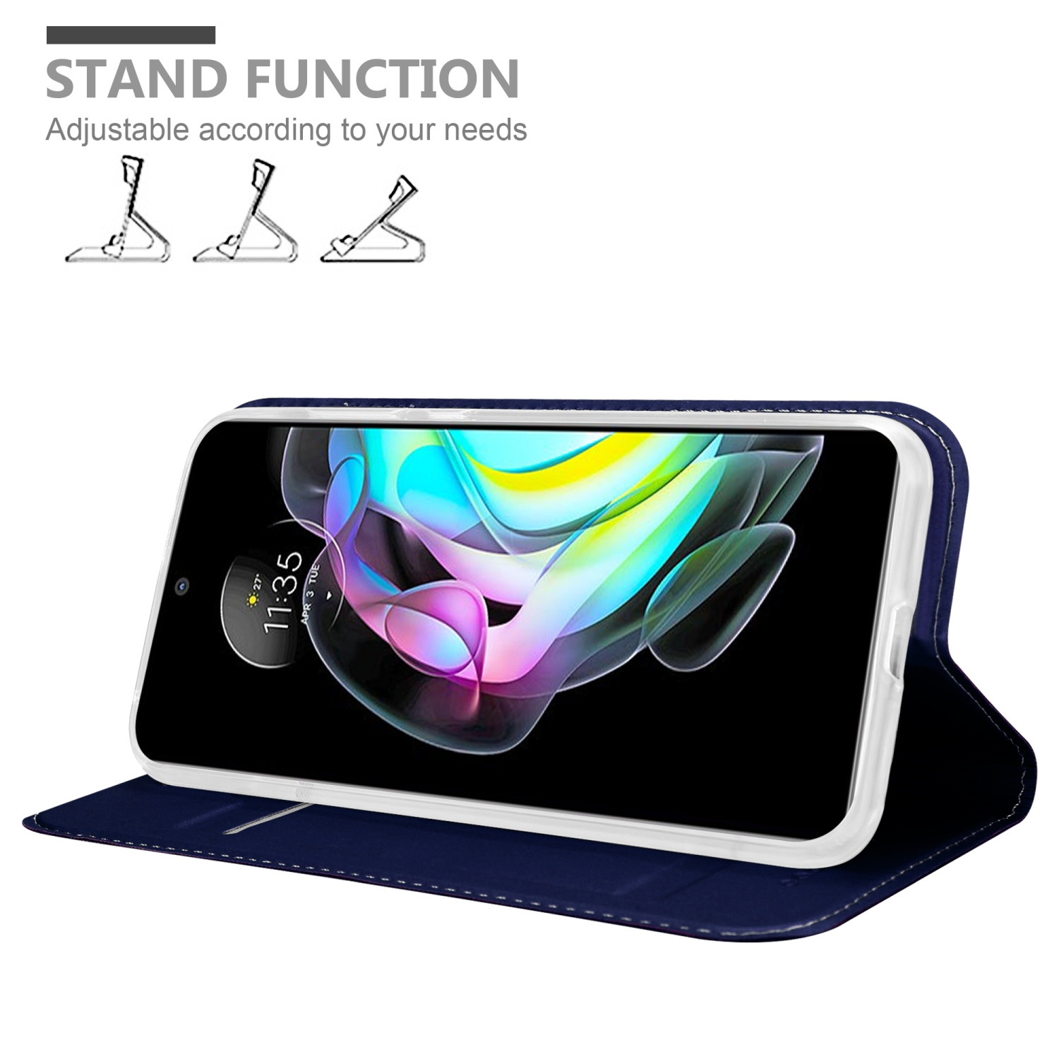 Una custodia blu per telefono, con un telefono appoggiato. Il testo indica la funzione Stand, con diversi stili.