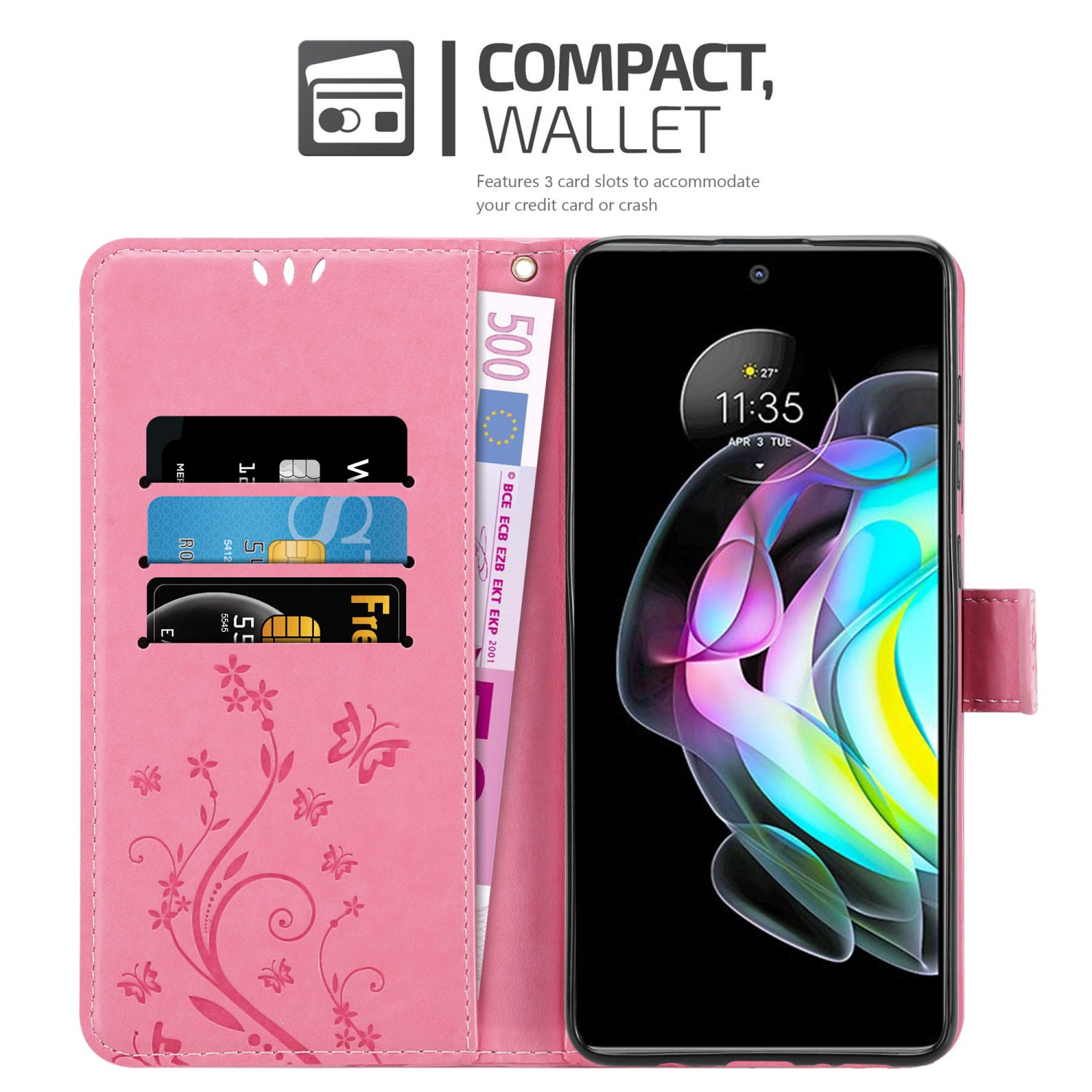Custodia rosa, aperta, con telefono, carte e contanti. Lo schermo è visibile. Lo sfondo è bianco.