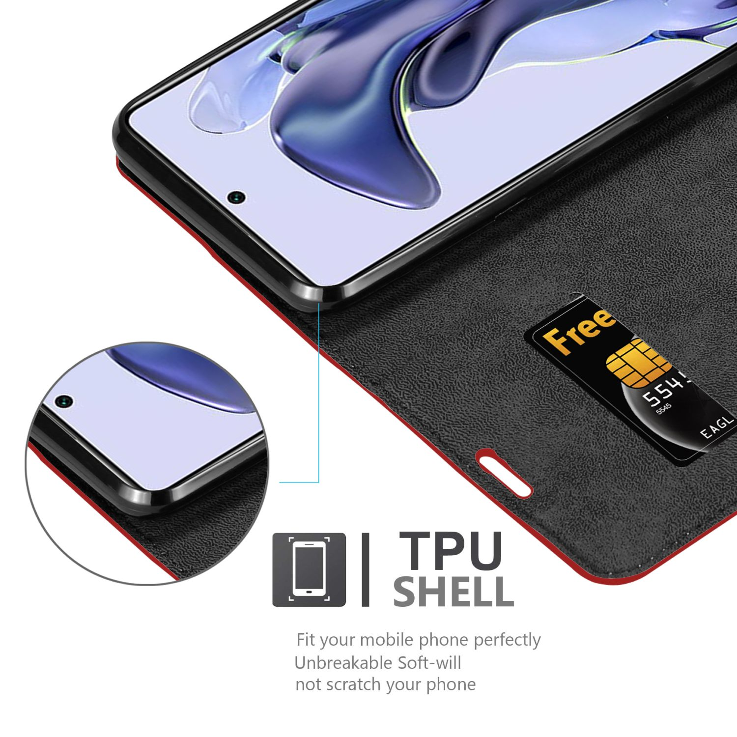 Telefono in una custodia nera con una carta. Testo: Guscio in TPU. Adatta perfettamente il tuo telefono. Non graffiare.