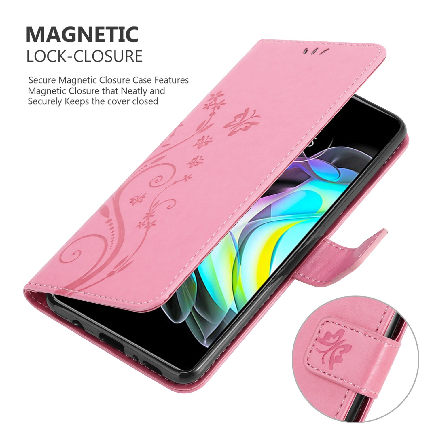 Custodia rosa aperta, mostra telefono. Design floreale e chiusura magnetica. Dettaglio della chiusura.