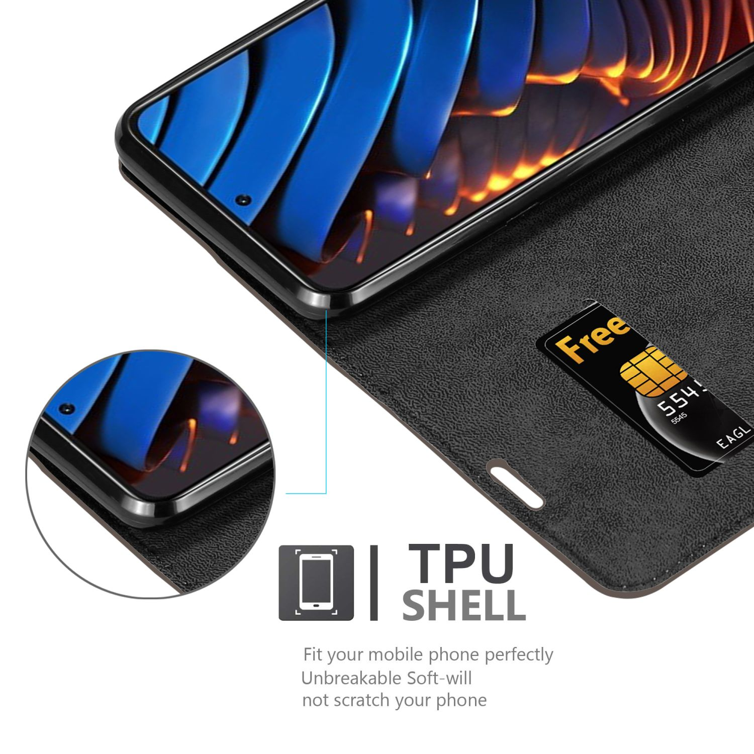 Custodia per telefono nera con guscio in TPU. Un telefono con una SIM gratuita è visibile.