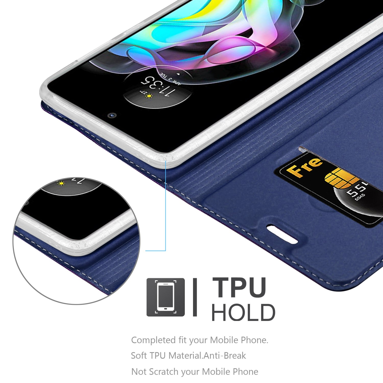 Custodia blu per telefono aperta, che mostra carta e telefono con testo: TPU HOLD.