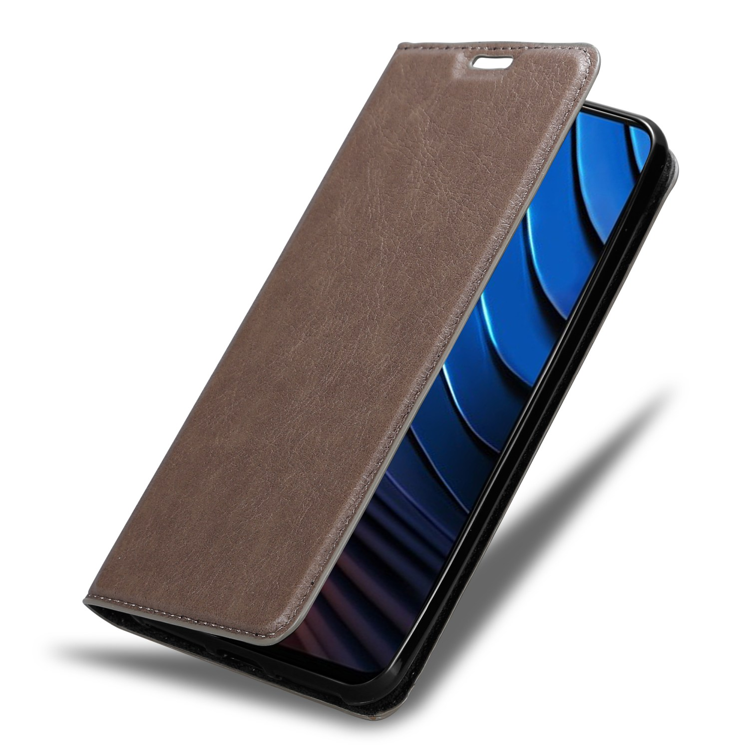 Custodia per telefono marrone, aperta, che mostra il telefono. Lo schermo mostra un design blu e bianco.
