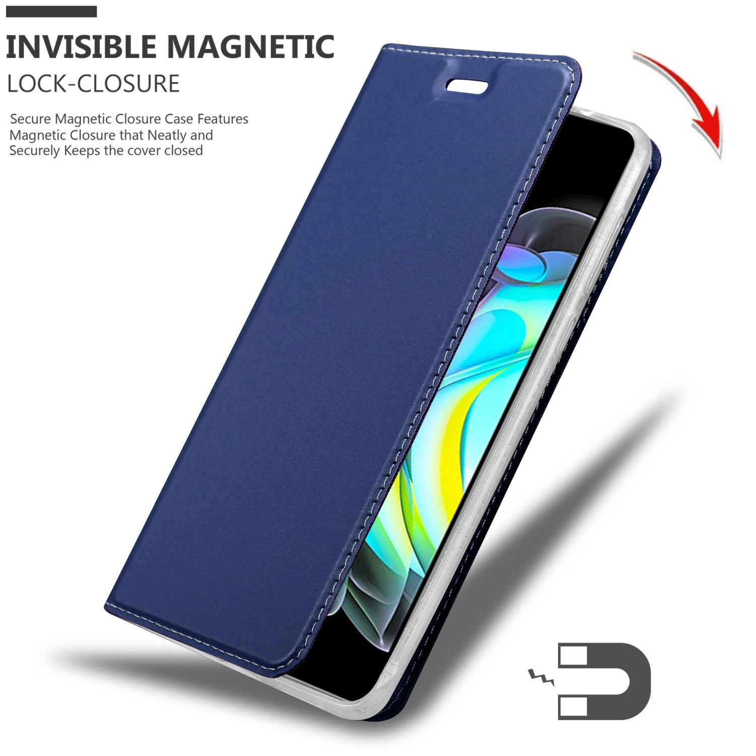 Custodia per telefono blu aperta. Magnete e freccia mostrati. Testo: CHIUSURA MAGNETICA INVISIBILE.