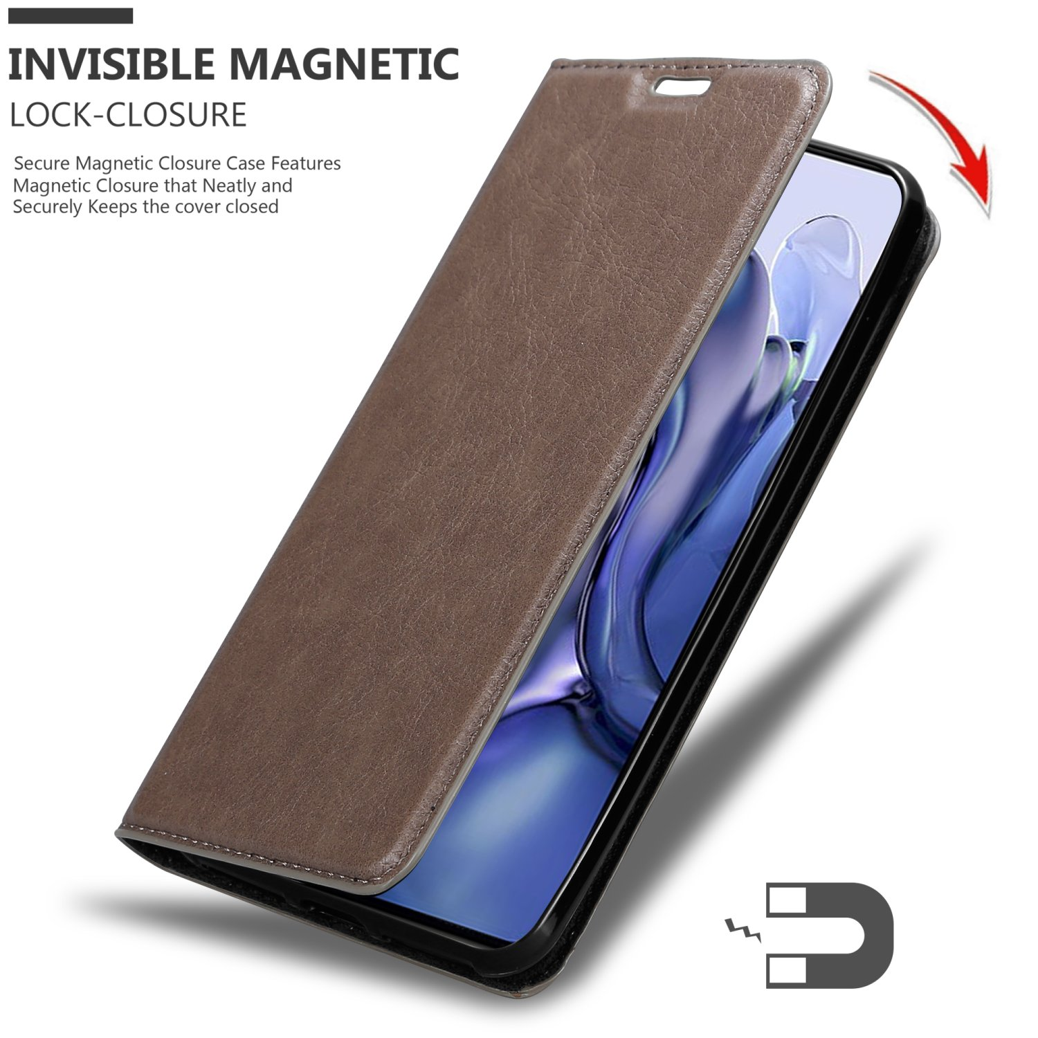 Custodia del telefono marrone aperta. La custodia ha una chiusura magnetica. Viene mostrato un magnete.