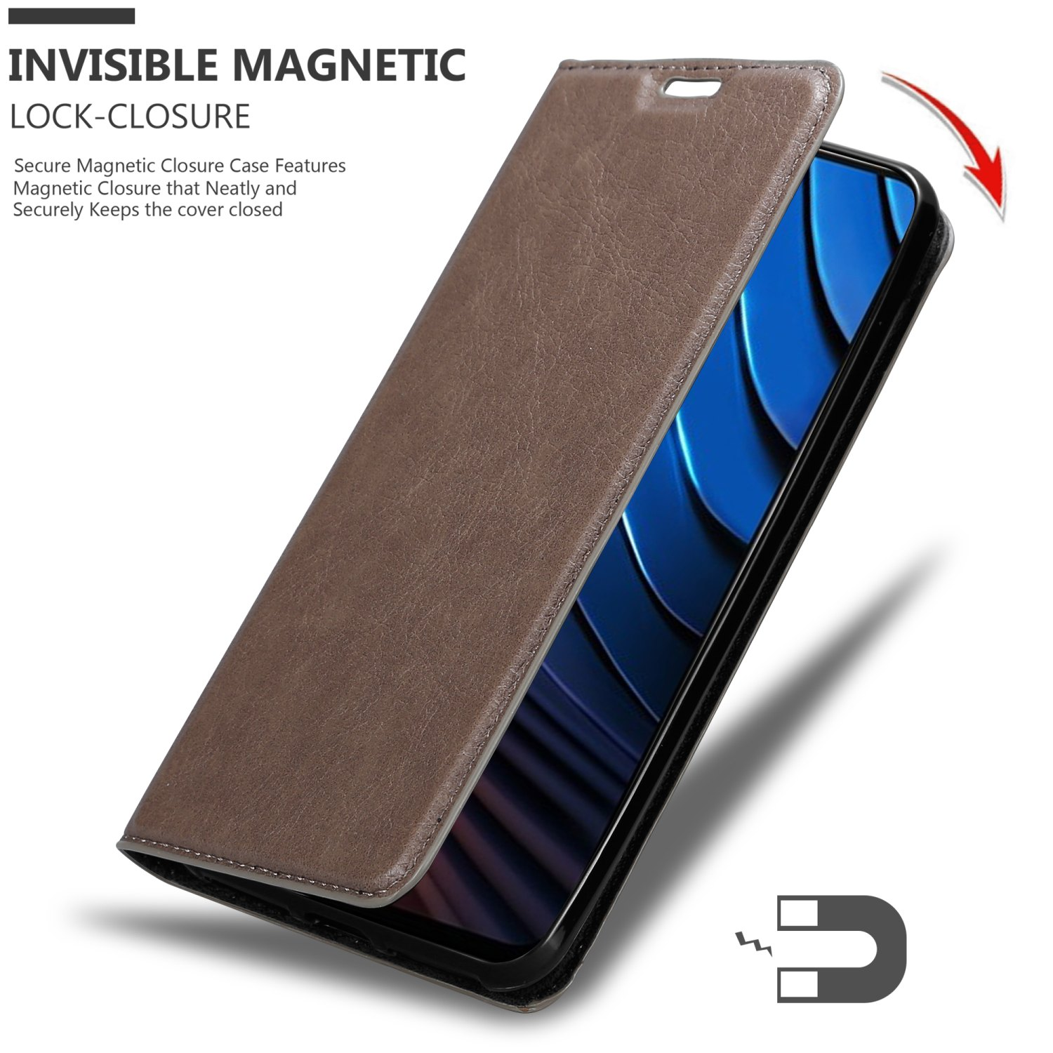 Custodia per telefono marrone aperta. Chiusura magnetica invisibile. Mantiene la cover chiusa.