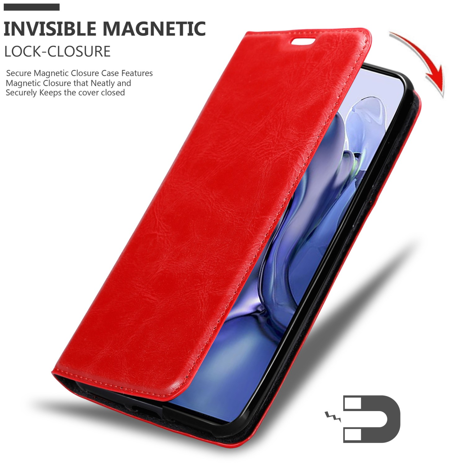 Custodia rossa per telefono con chiusura magnetica.