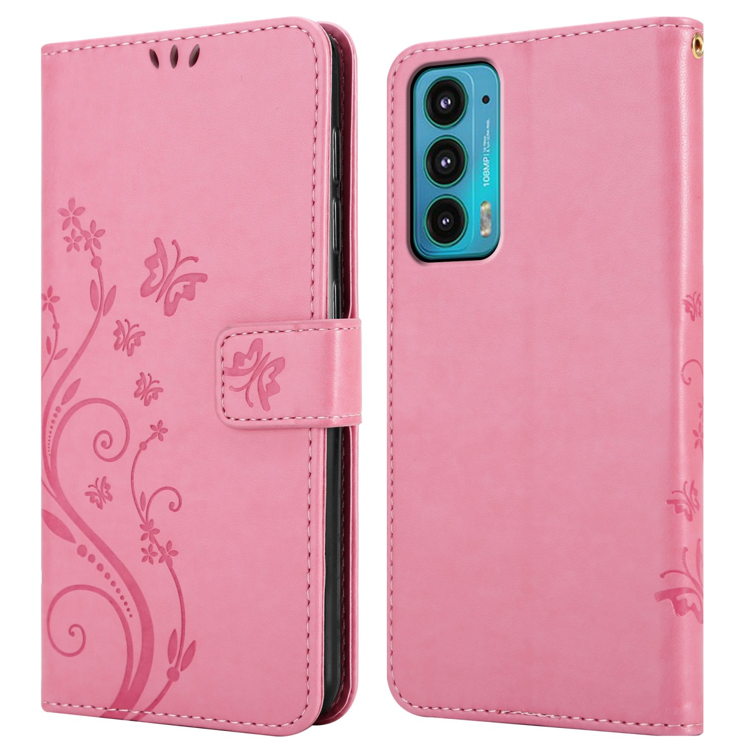 Custodia per telefono rosa, chiusa, con un design a farfalla e floreale. Il design è sul davanti.