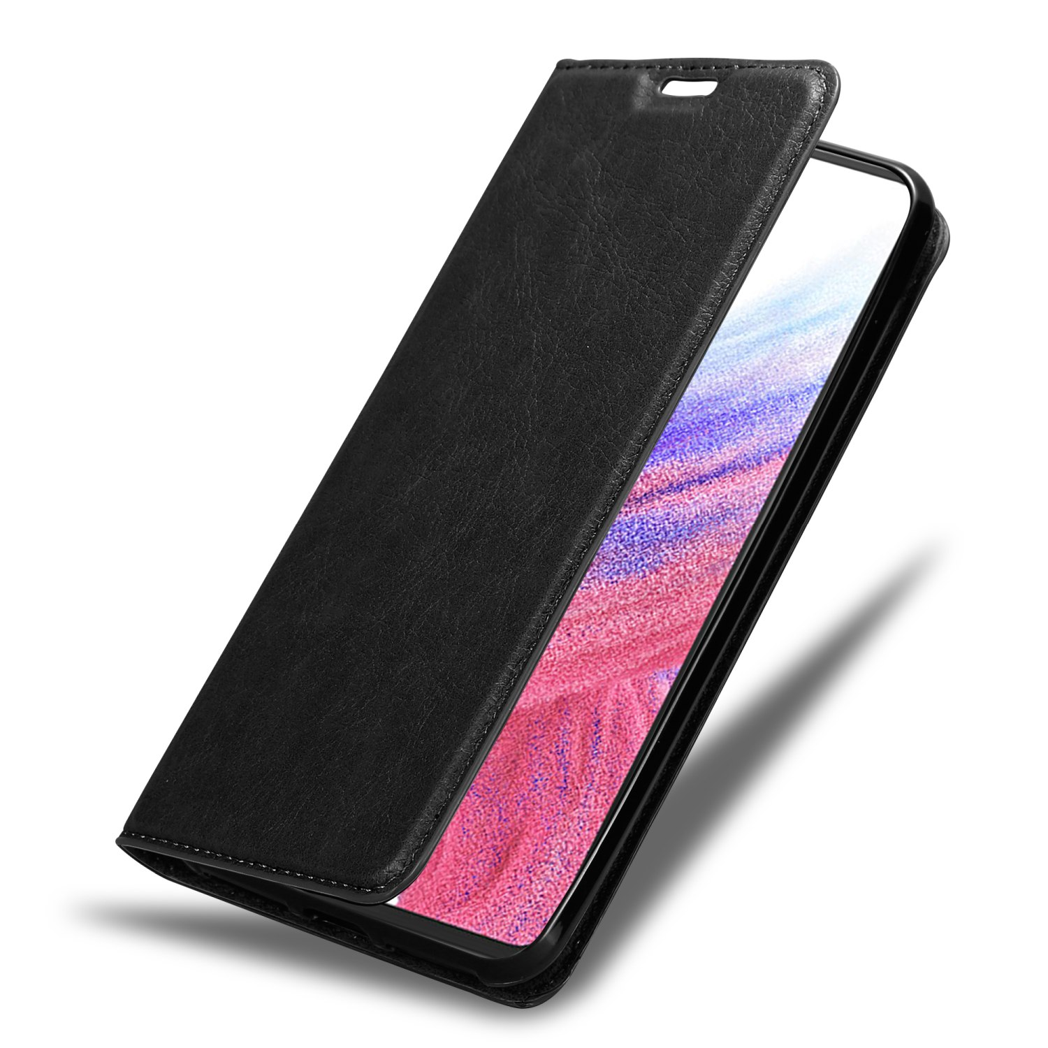 Schwarze Leder-Handyhülle, offen. Zeigt den Bildschirm des Telefons. Rosa Hintergrund.