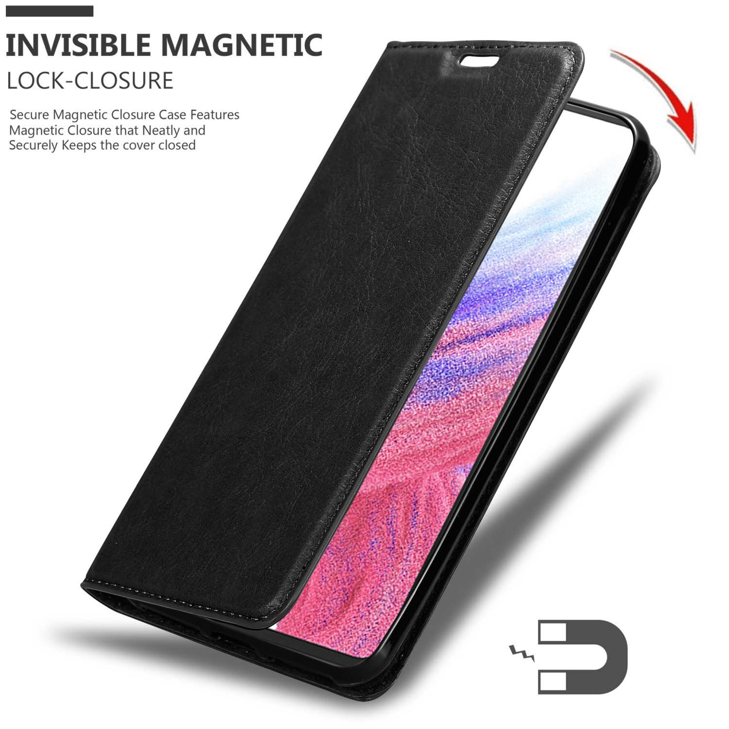 Schwarze Handyhülle mit Telefon. Magnet-Symbol und Pfeil zeigen das Öffnen.