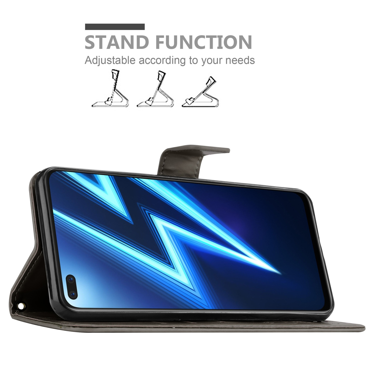 Custodia per telefono aperta, con telefono all'interno. Viene mostrata la funzione di supporto. Sfondo bianco.