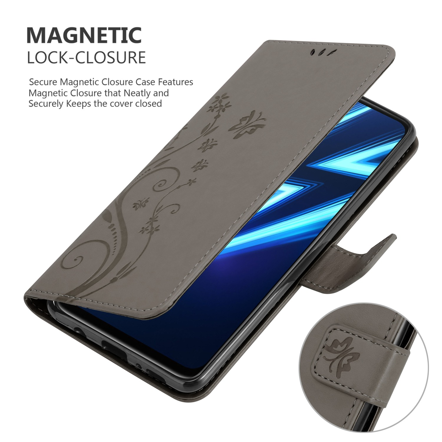 Custodia per telefono grigia aperta con un design floreale. Lo schermo del telefono è blu, è visibile una chiusura magnetica.